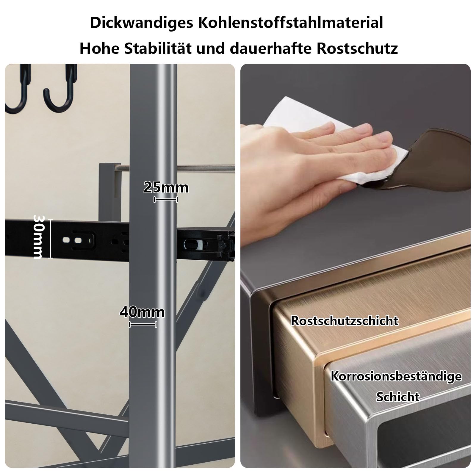Standregal Küchenregal aus Kohlenstoffstahl, 200kg Tragkraft, 4 Ablagen Schmalregal mit Rollen & Arbeitsplatte, Stehendes Regal ohne Bohren für Küche, Wohnzimmer, Badezimmer, Breite 60cm