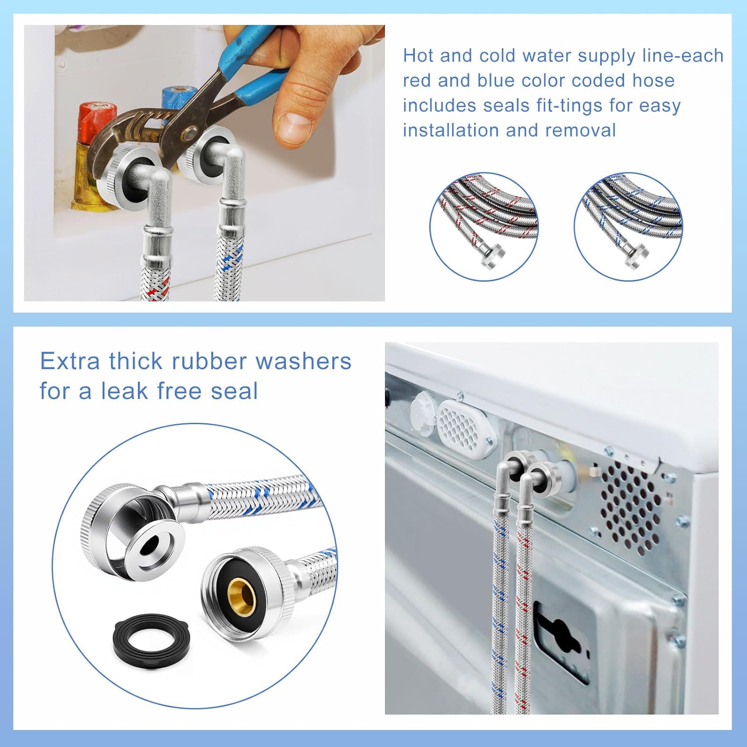 Sosation 25ft Washing Machine Hoses (2 Pack) with 90° Elbow & Straight End for Flexible Installation - Octagon Connections - Burst-proof Braided Stainless Steel Washer Supply Lines - Universal Fit