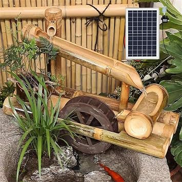 19.6 Solar Bamboo Fountain Kit, Feng Shui Zen Bamboo Fountain with Pump and Water Wheel,Outdoor Freestanding Fountains,Outdoor Garden Feature Decor