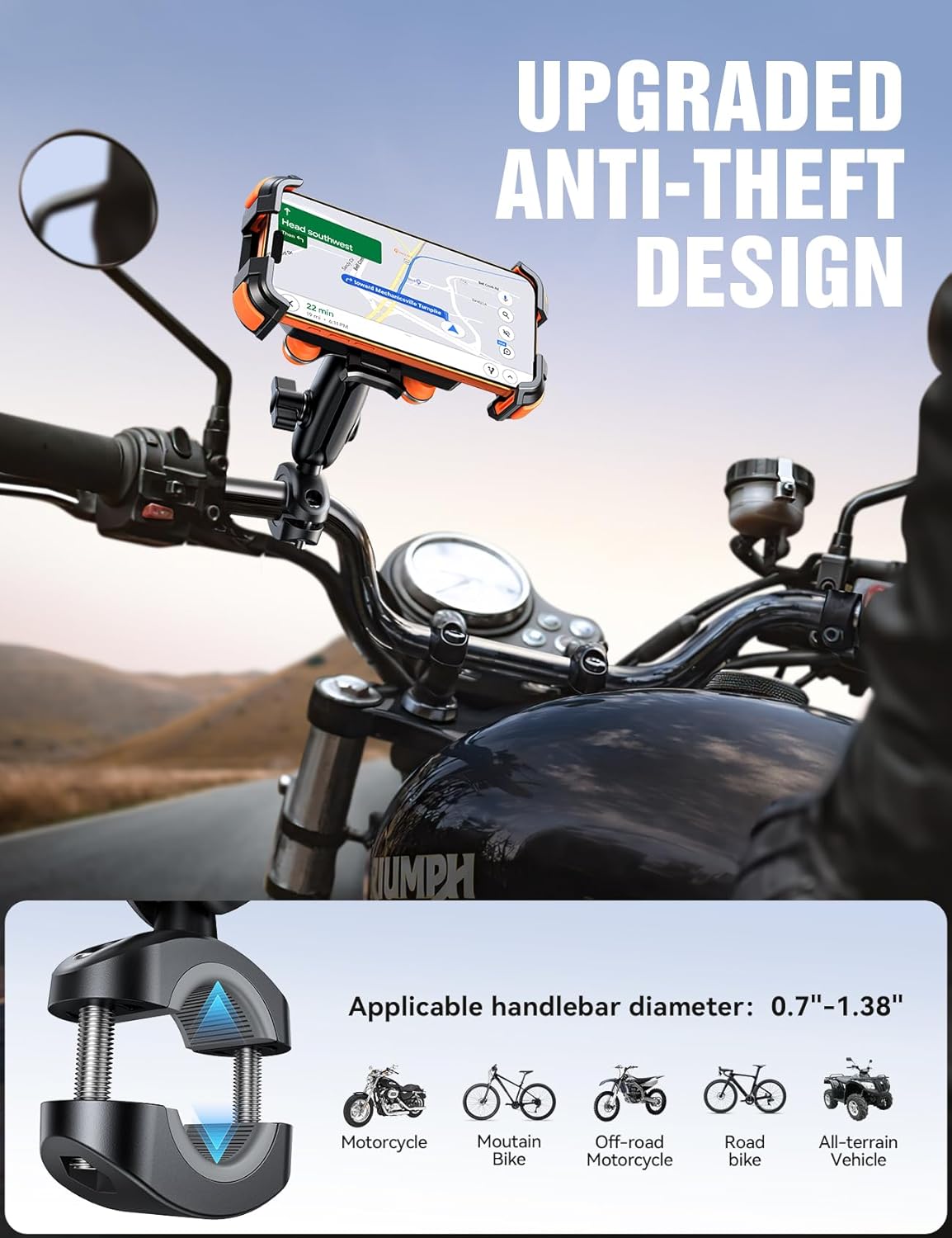 JOYROOM Motorcycle Phone Mount Holder - [Dual Vibration Dampener] 150mph Anti-Shock Phone Holder for Motorcycle [Metal Adjustment Arm] Bicycle Bike Phone Holder Mount for 4.7-7" Cell Phones, Orange