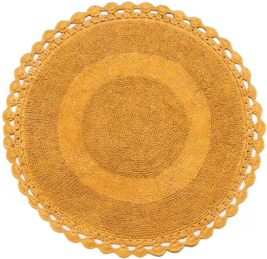 BIEN BEAU Round Bohemian Bathroom Rug with Crochet Contour. Beautifully Handcrafted 100% Cotton, Reversible Round Boho Bedroom Rug-Boho Bathroom Decor-Slip Resistant Backing. Yellow Honey Mustard 30"