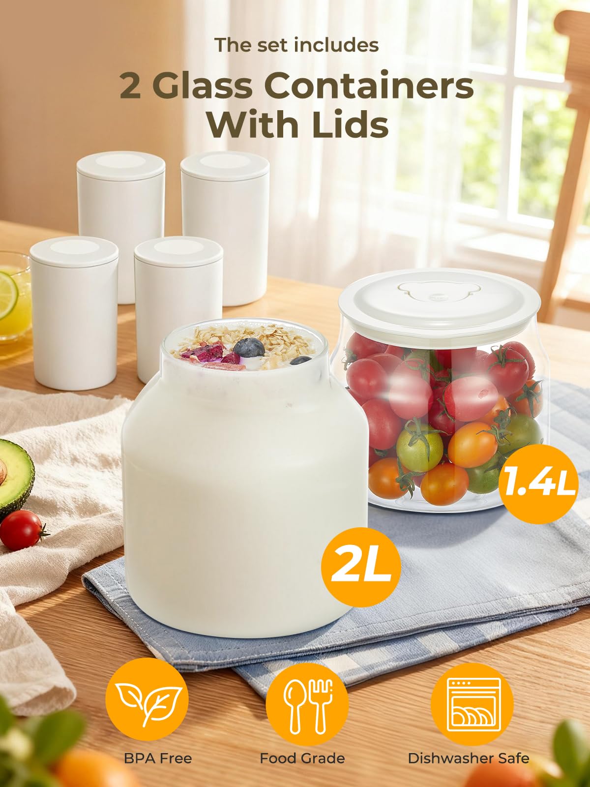 FOHERE Yogurtiera Elettrica con 2 XXL Vasetti da 2000 ml e 1400 ml, 4 * 125 ml Contenitori con Coperchio, 8 Programmi Preimpostati, Accessori per Yogurt Greco, Timer Digitale, 100% BPA Free