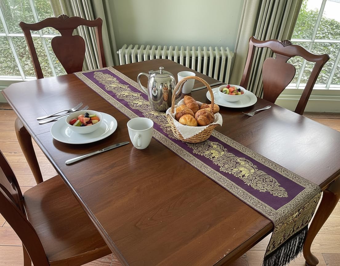 Thai Elephant Table Runner with Fringe | Small 76x9” Gold Brocade Bed Scarf | Embroidered Polyester with Decorative Paisley Floral Elephant Design for Dining Table, Coffee Table, Bed (Purple & Gold)
