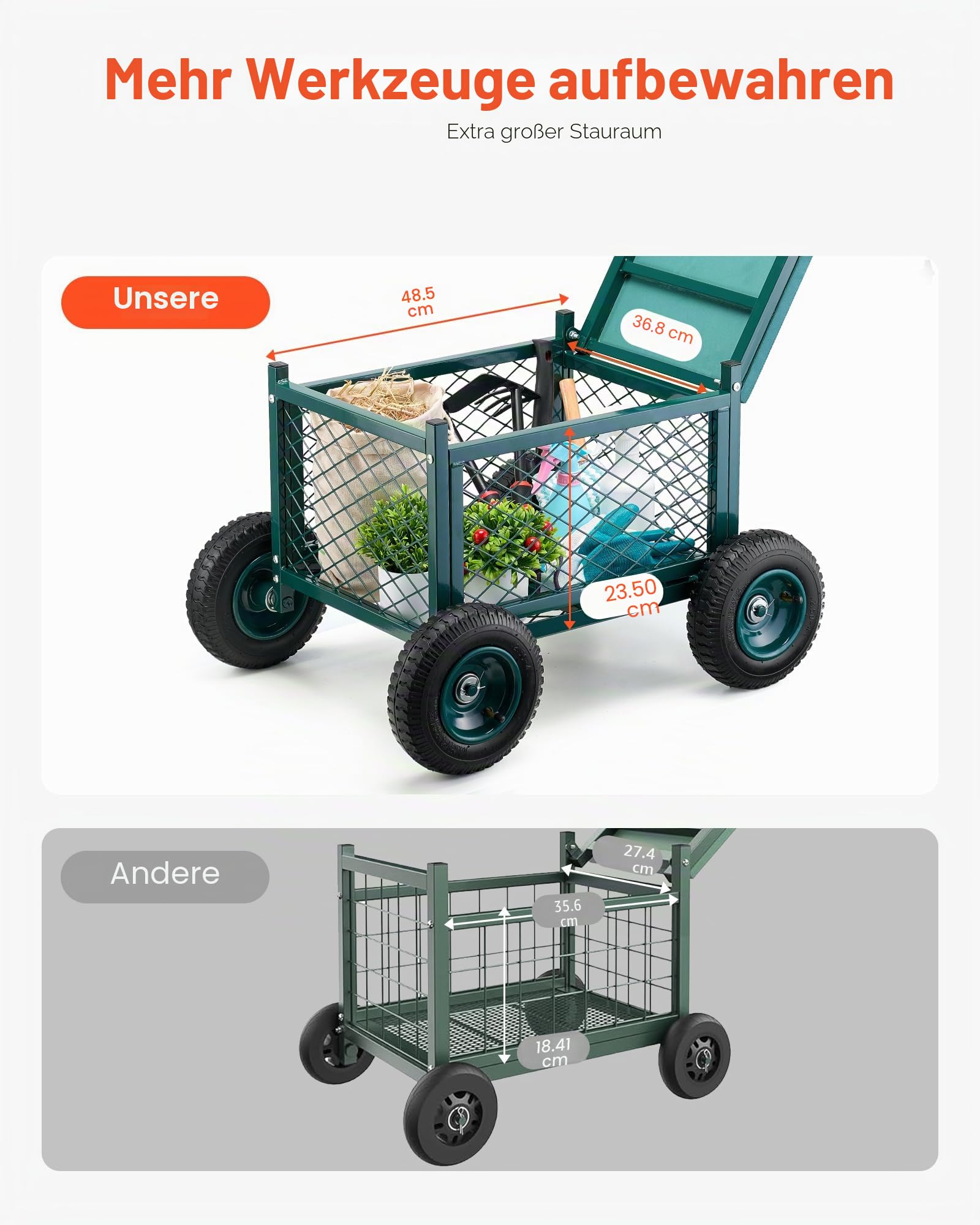 VEVOR Gartenrollsitz 760x520x440 mm, Rollbar Gartensitz aus Metall mit Rädern, trägt bis zu 180 kg, Rollsitz, Outdoor-Wagen und Hocker auf Rädern für Rasen, Terrasse, Hinterhof