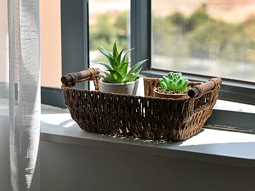 Miniatura 7 de StorageWorks Cestas de mimbre pequeñas tejidas a mano, cestas redondas de almacenamiento de cuerda de papel con asas de madera, marrón oscuro,