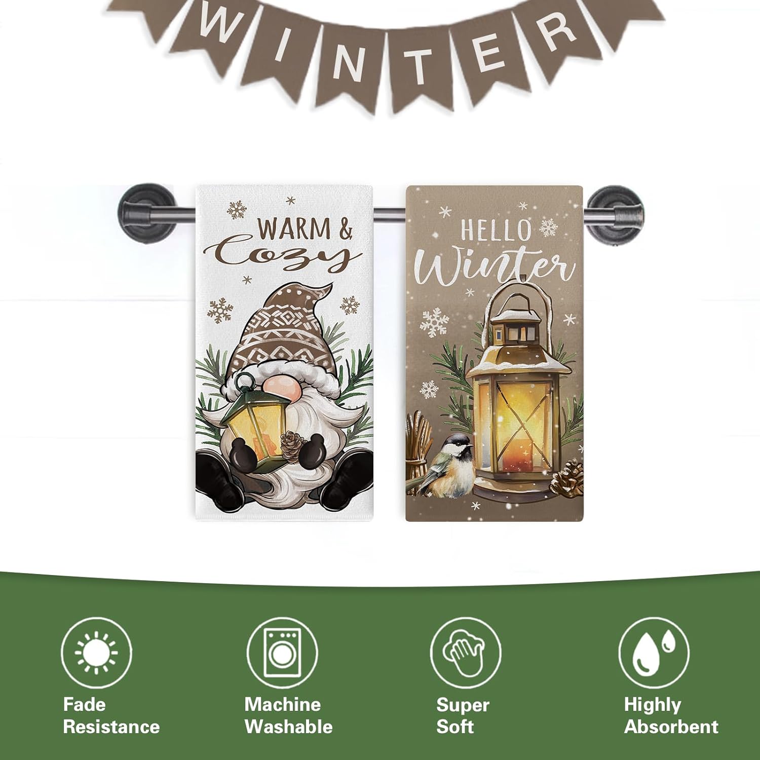 Hello Winter Brown Gnome Kitchen Dish Towel, Warm Cozy Lantern Chickadee Drying Hand Towel Baking Cooking Cloth, Christmas Seasonal Snowflake Home Decoration 18 x 26 Inches - Image 6