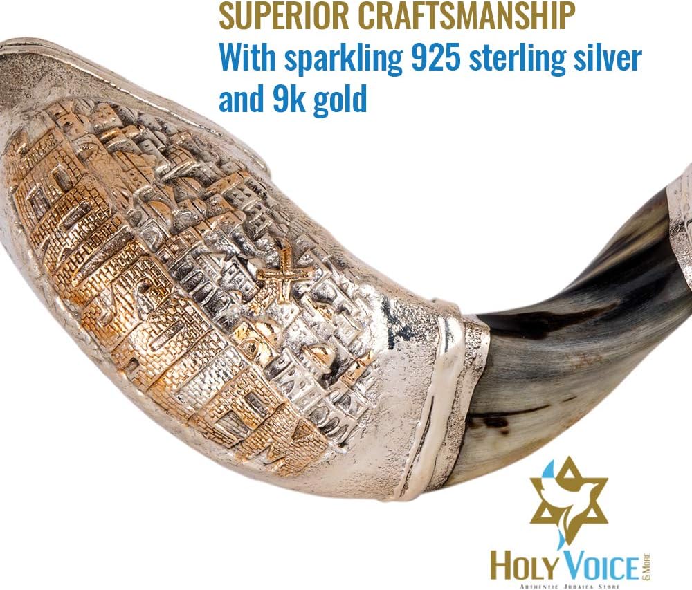 Holy Voice Sterling Silver-Plated "Jerusalem" Decoration Ram Shofar 14"-16" With Shofar Stand, Carrying Bag and Cleaning Brush – Made in Israel.