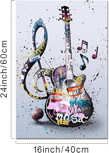 Miniatura 6 de KREATIVE ARTS Lienzo de guitarra para estudio de música y decoración de habitación, obra de arte enmarcada, estilo graffiti, nota musical, arte de