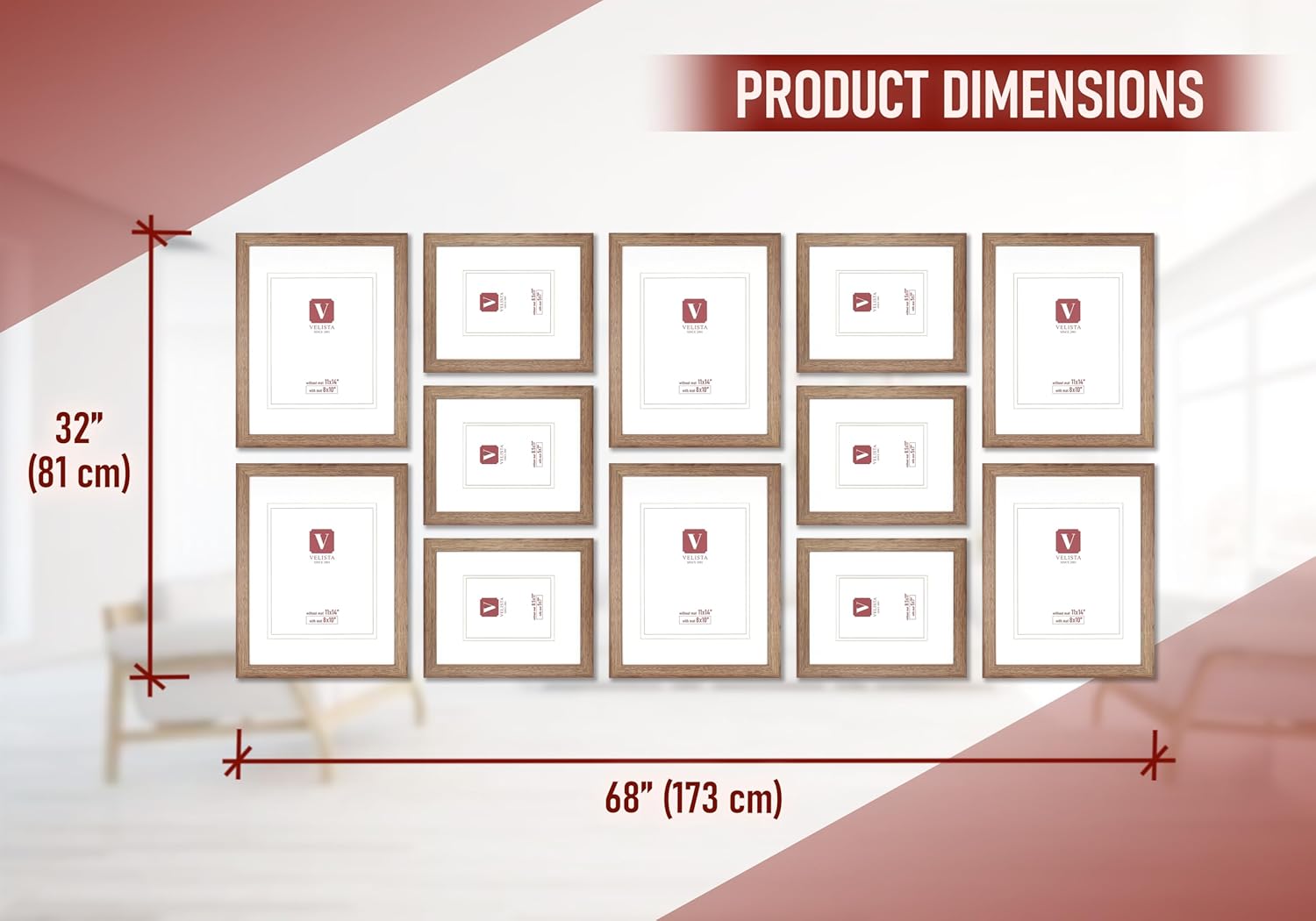 VELISTA 12 Piece Rectangle Gallery Wall Frame Set - Rustic Photo Frame Set with Mat 8x10/11x14" - Picture Frame Set for Wall Collage made of Engineered Wood – Farmhouse Assorted Picture Frames (Walnut)