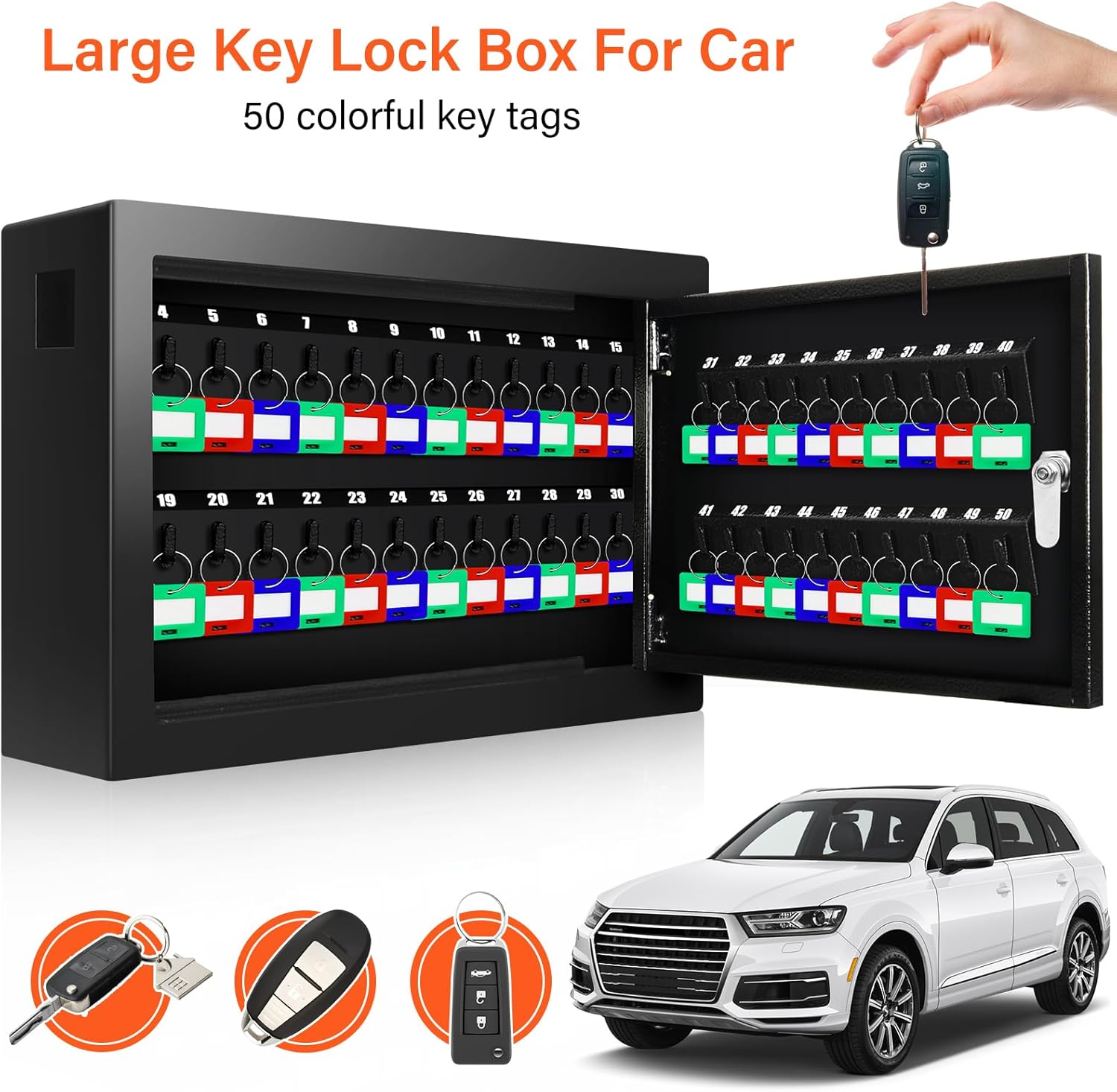 50 Keys Key Cabinet, Anti-Theft Key Lock Box with Key Tags, Adjustable Key Organizer Wall Safe for Car Office House Garage Rental Business