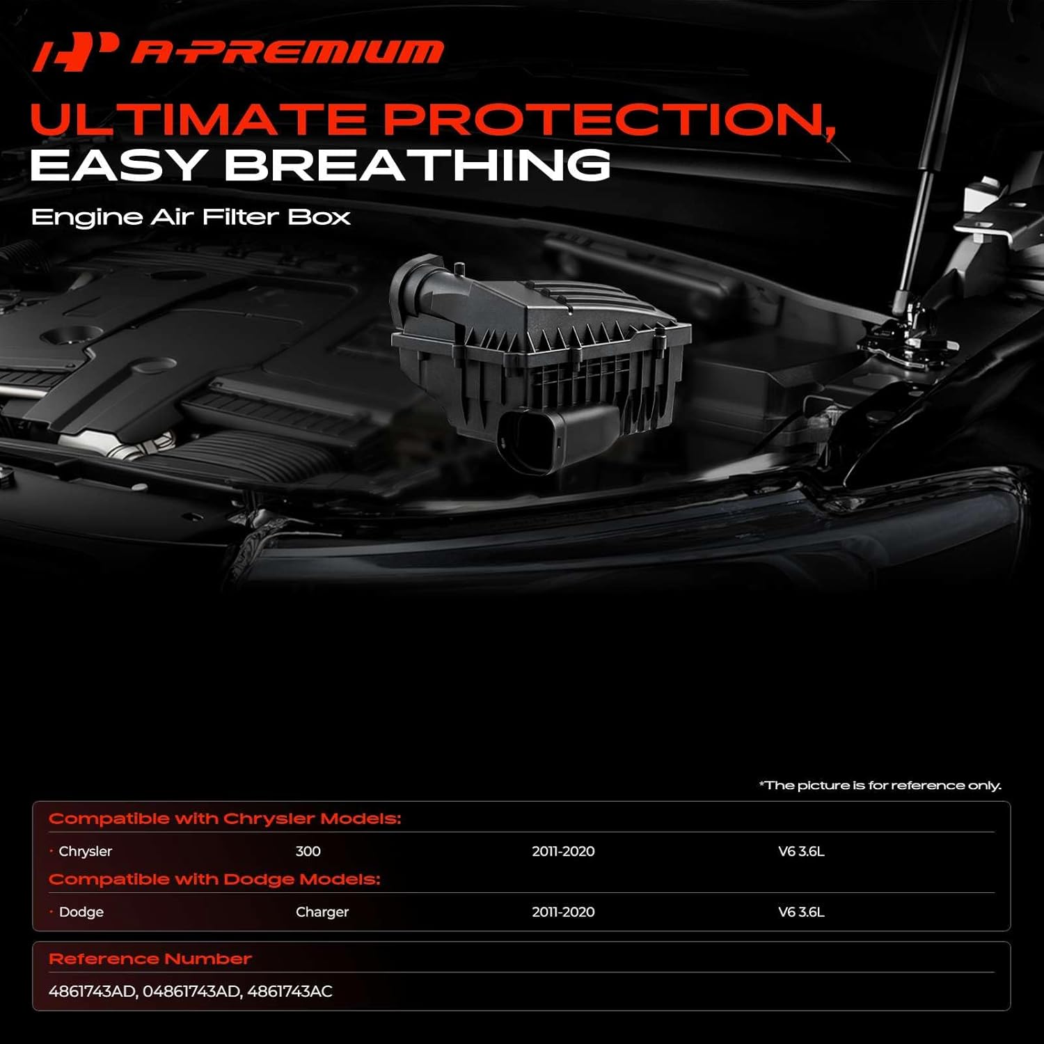 A-Premium Engine Air Filter Cleaner Box Housing without Air Strainer Compatible with Chrysler 300 2011-2020 & Dodge Charger 2011-2020, V6 3.6L, Replace# 4861743AD, 4861743AC