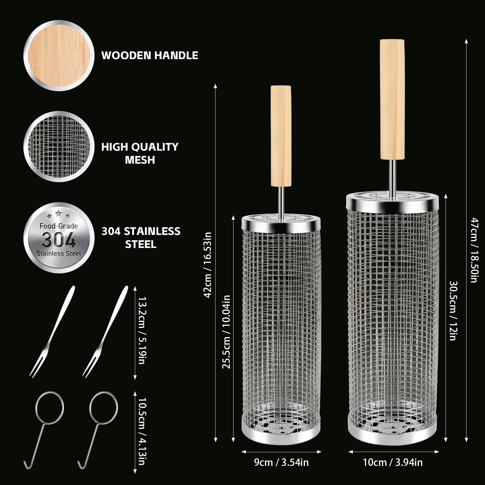 Set di Cestini per Grigliare con manico in legno, 2 Cestini per Barbecue in Acciaio Inox, Cestello per Grigliare Rotante, per Barbecue All'aperto, 30,5x10cm, 25,5x9cm