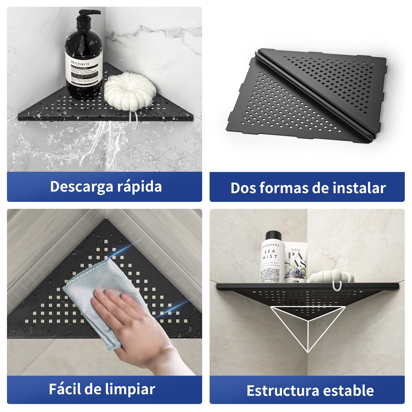 Estantería de esquina para ducha, sin necesidad de perforar, de acero inoxidable 304, para baño, soporte para champú, organizador, agujero cuadrado, 254 * 254 * 355 mm, negro, 2 piezas