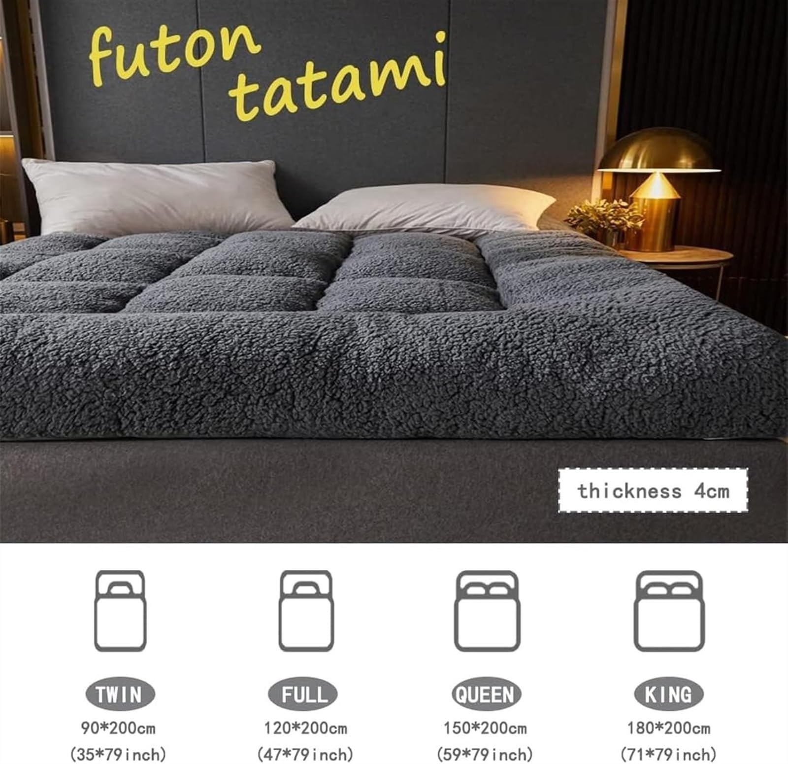 Große, dicke Tatami-Matratze, faltbare Matratze, rollbare Matratze, tragbare Matratze, Bettdecke, Schlafmatte, Tatami-Matte mit Federstofffaser, Einzel-Doppelbett (grau, 90 x 200 cm, 1,2 kg)(Grey,200x