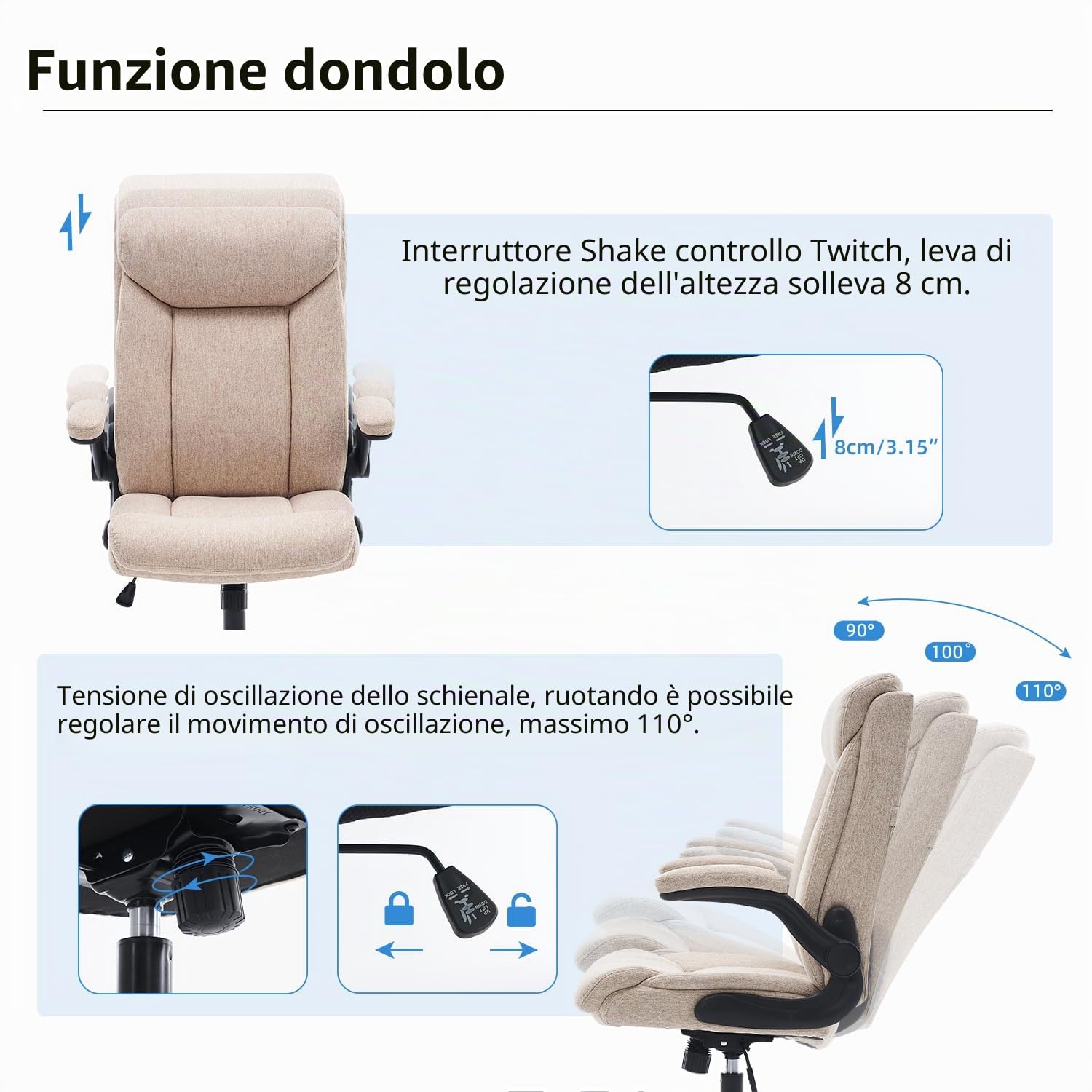 MZLEE Sedia da ufficio ergonomica per computer, sedia da lavoro girevole con braccioli pieghevoli, altezza regolabile, comoda per l'ufficio o giochi a casa (tessuto beige)