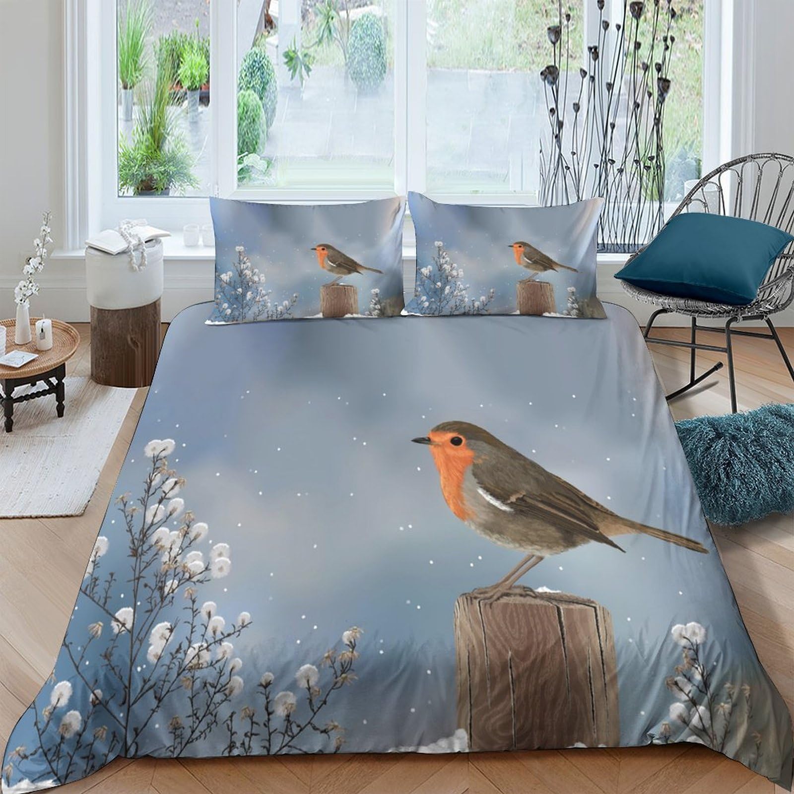 Ctjqhvkz Style-3 3D Printed Robin On Wooden Post Fitted Sheet Microfiber Blue Nature Bed Cover Bedroom Guest Room Décor Single（135X200cm）