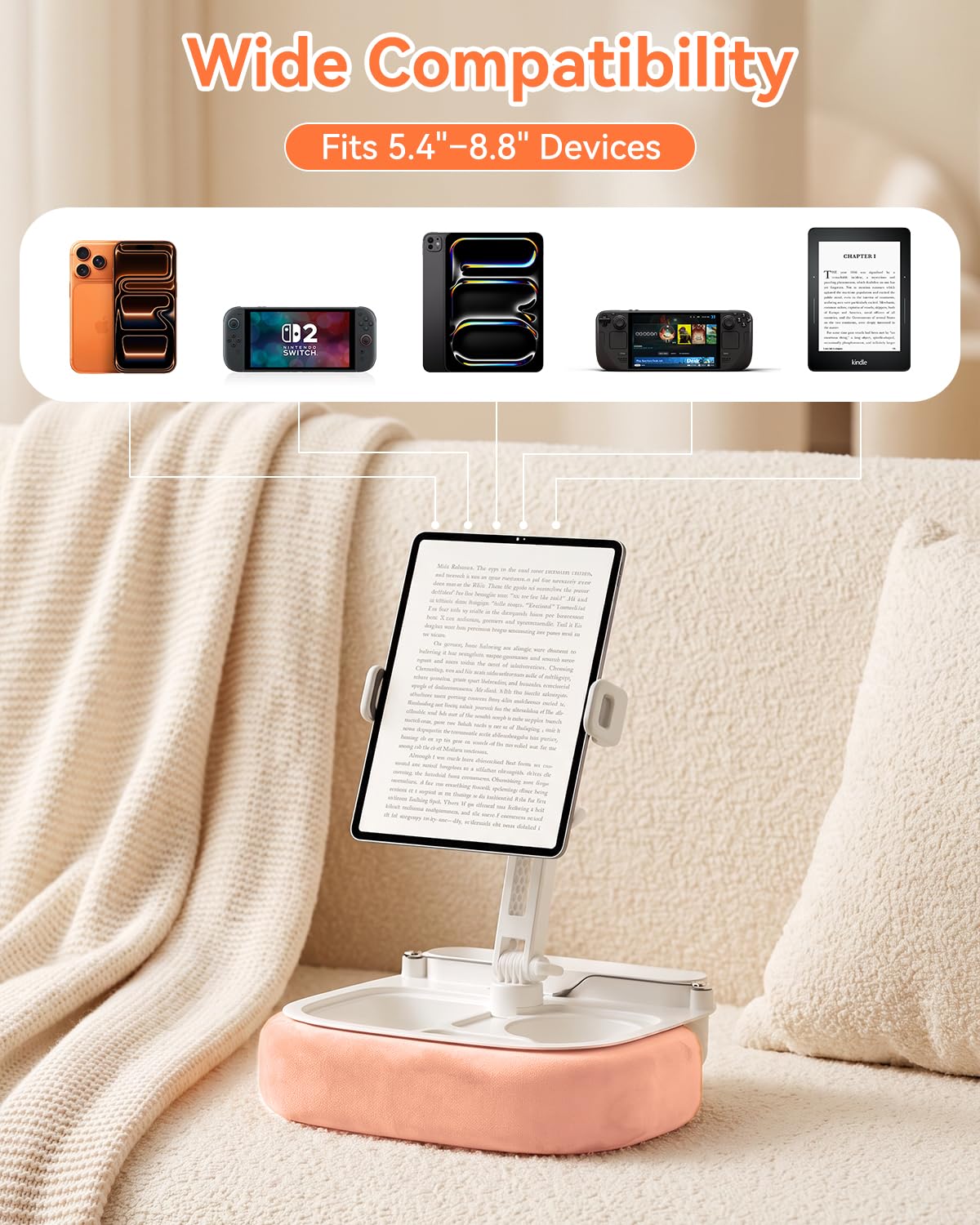 Supporto Cuscino iPad per Letto e Grembo – [270° 360° Regolabile][Rimovibile], Supporto Tablet a Mani Libere con Vassoi Snack, Rosa, Compatibile con iPad 5,4-8,8", Kindle, Telefono, Switch