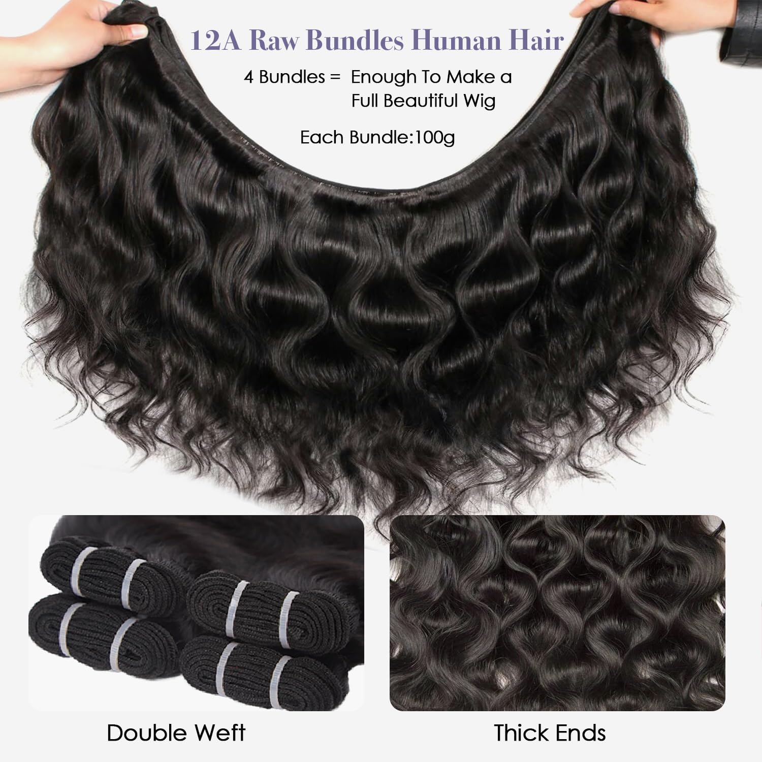 12A Raw Bundles Human Hair Body Wave Human Hair Bundles,22 24 26 28 Inch Indian Virgin Bundles Human Hair Quick Weave, Triple Lifespan No Tangle Shedding Keep Texture Silky Soft After Multiple Washes
