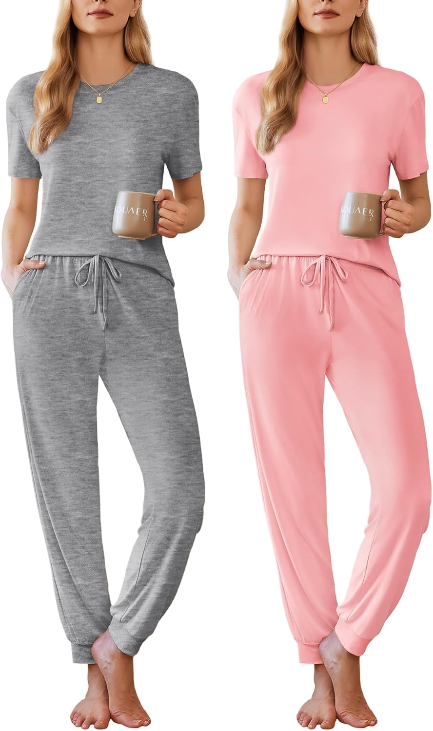 Ekouaer Pajamas for Women Set 2 Pack Lounge Set Short Sleeve Pjs Joggers Long Pants Loungepwear with Pockets