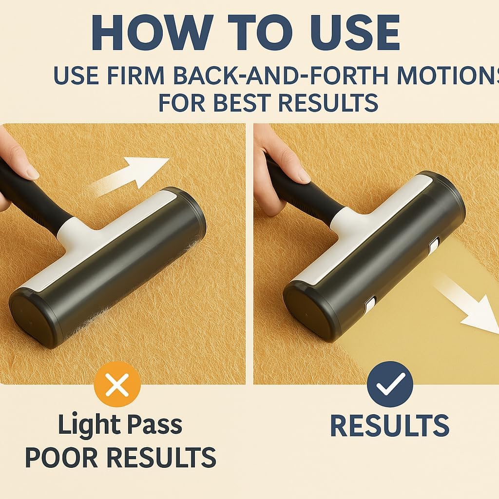 Reusable Pet Hair Roller Self Cleaning, No Refills 8‑Inch Ergonomic Handle Removes Fur from Furniture Clothing & Car Seats Easy to use pet Hair Removal Tool Light Weight Bidirectional Features