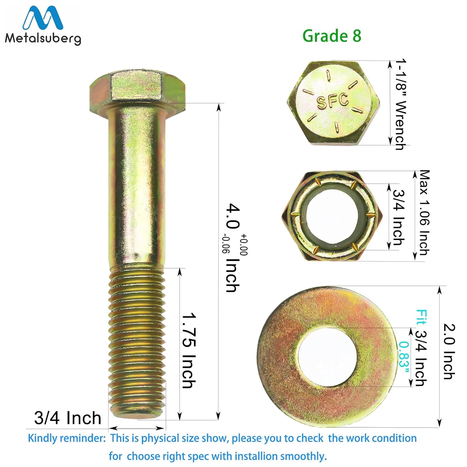 3/4" x 4" Hex Head Bolt by Color Galvanization with Nylon Lock nut and Large Size Washer Assortment Kit,Alloy Steel,Grade 8.(4pcs Pack). by Metalsuberg