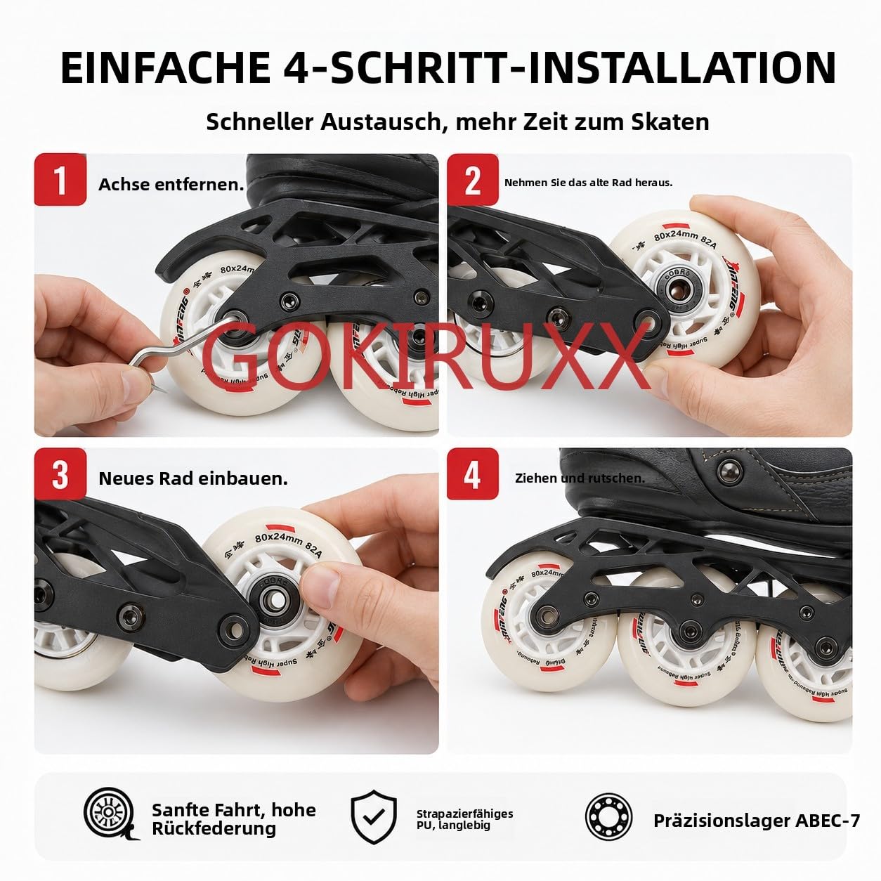 8er Set Inline Skate Rollen 72mm 76mm 80mm, 85A PU Ersatzrollen mit 608RS Kugellagern, High Rebound Skate Wheels für Indoor Outdoor Skating, Fitness Skates, Hockey Skates & Freizeitskates (80mm)