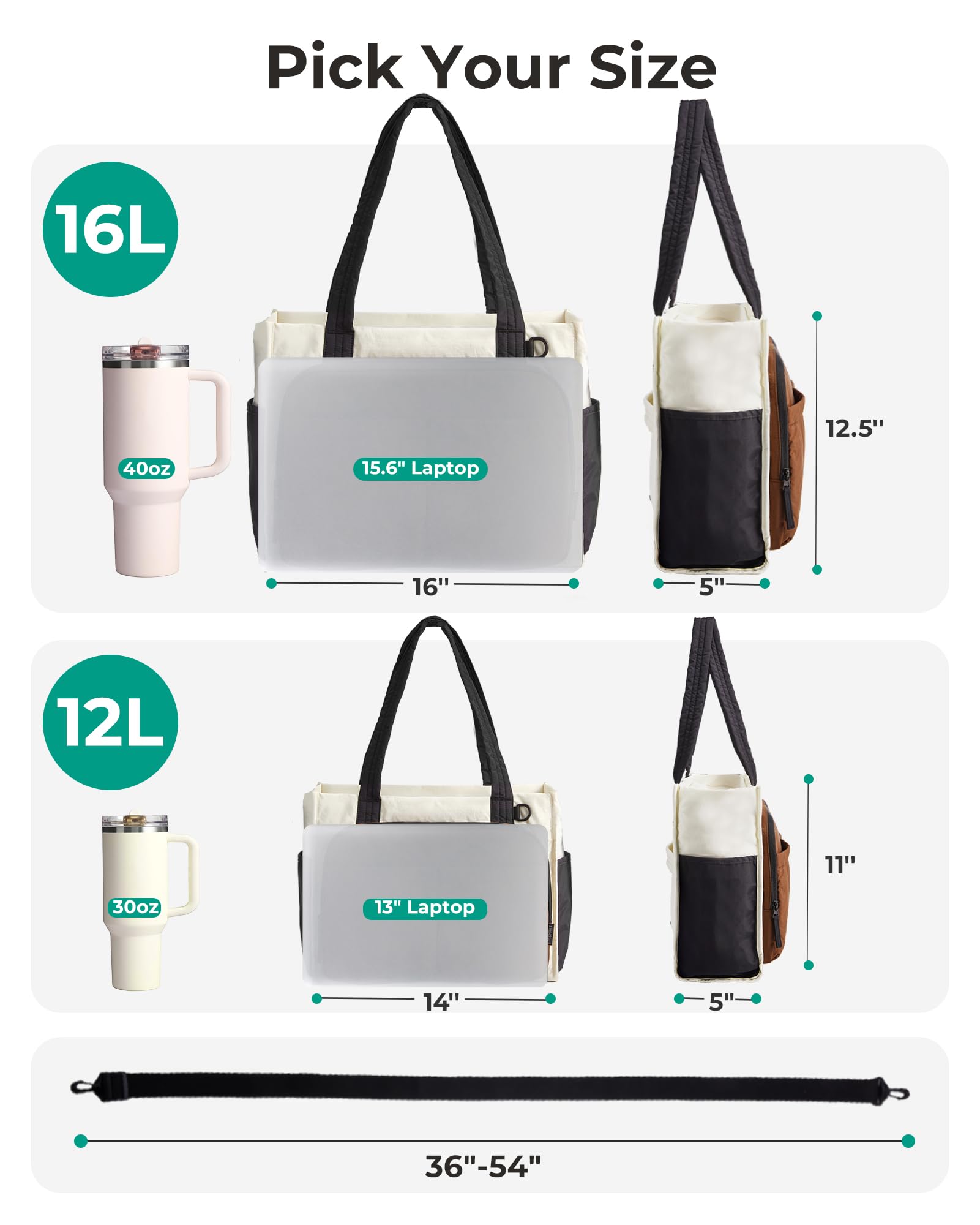BAGSMART Tote Bag for Women Work, Puffy Travel Tote Handbag Gift for Teacher & Nurse | Medium-13" laptop, w/ 30oz cup holder, Large-15.6" laptop, w/ 40oz cup holder, For campus, work, mothers day gifts — view 4