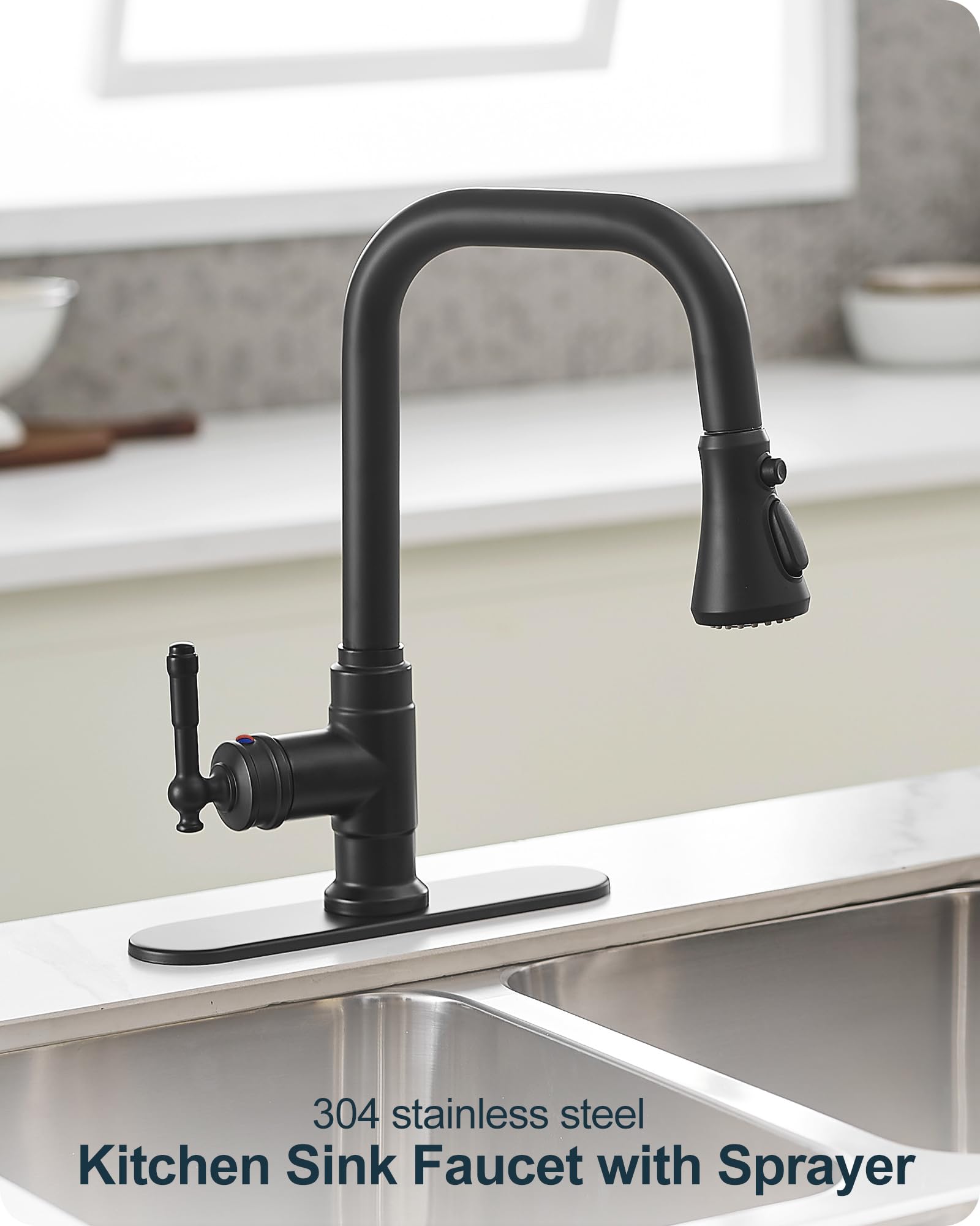 Grifo de fregadero de cocina negro de 3 funciones, grifos de cocina con pulverizador extraíble, grifo de cocina giratorio de 360 grados, grifo de cocina de 3 agujeros, grifo de cocina de un