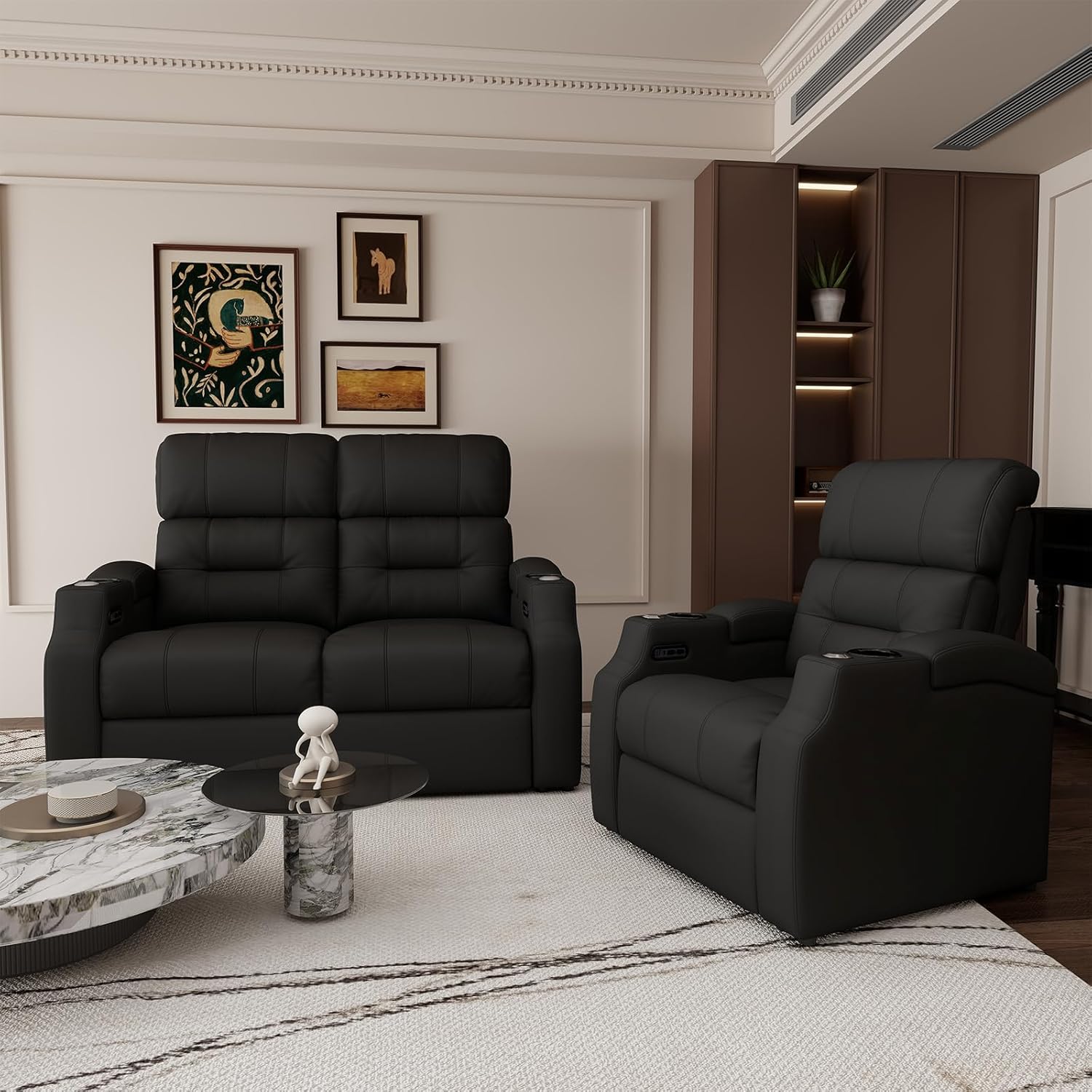 PBRO Home Theater Seating Top Grain Leather, Zero Gravity Recliner Chair Movie Theater Chairs Electric Sofa with Power Reclining USB Charge Ambient Lighting Black Single Seats for Living Room