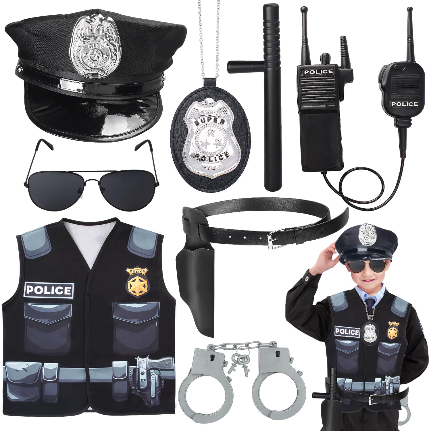 Kyson 8Pcs Police Costume Kit for Boys Police Officer Cop Dress Up Accessories Halloween Career Day