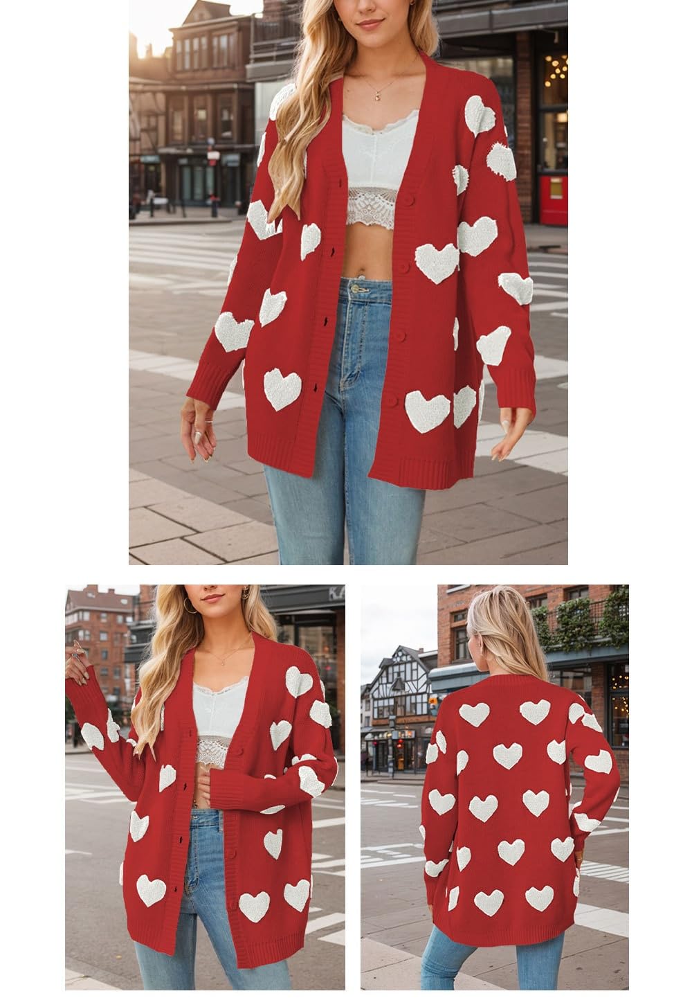 Chaqueta Punto Mujer Cárdigan De Corazón para Mujer Jersey De Punto De Manga Larga con Cuello En V para Mujer Cárdigan Festivo De Largo Medio con Botones Abiertos En La Parte Delantera para Mujer