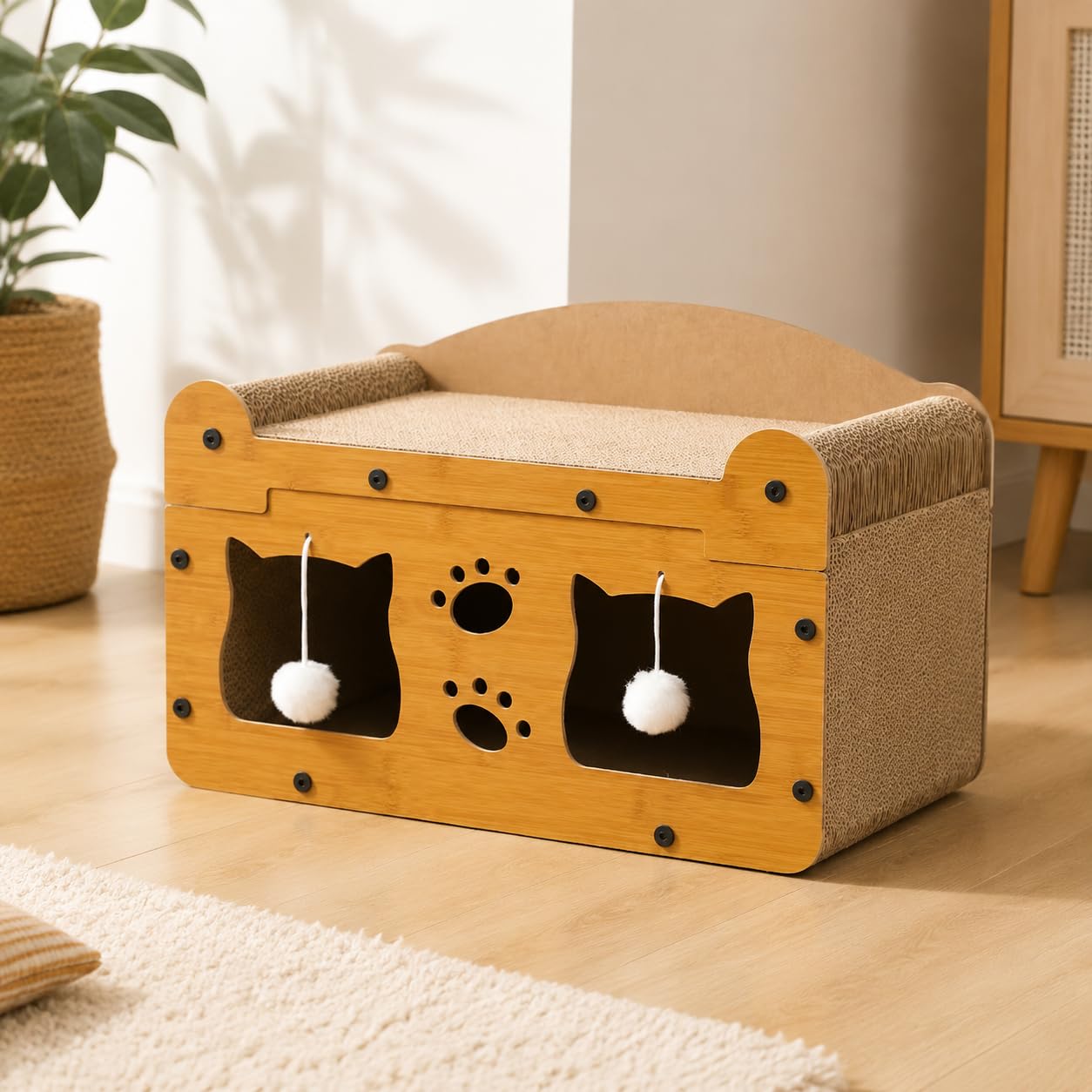 Kratzbaum Kratzfläche Katzenbett Spielzeug Wellpappe Stoff Funktion für Katzen Haustierbereich Wohnung Büro, Doppelschicht mit Doppeltür, 51 x 27 x 30 cm