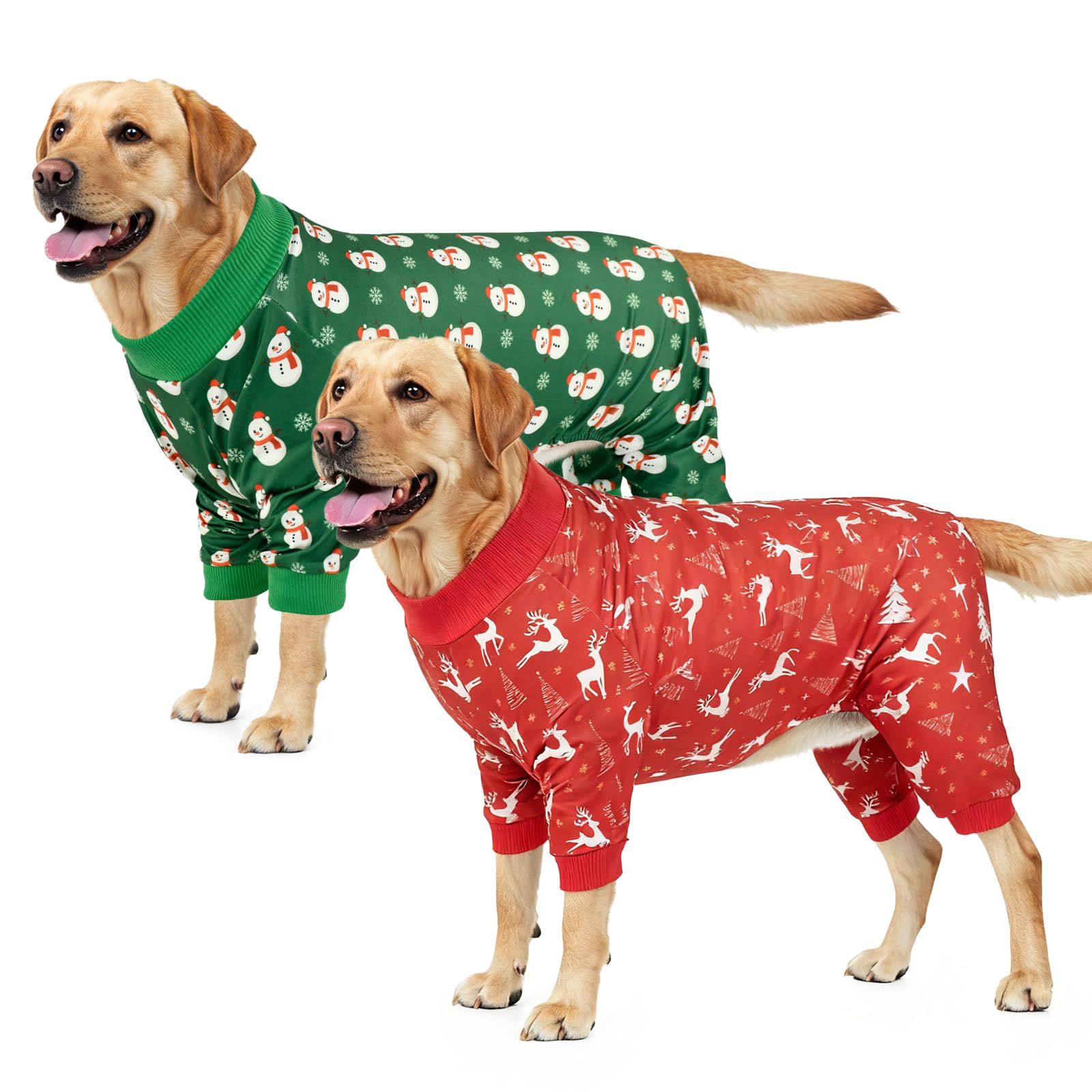 Vehomy 2-Pack Christmas Dog Pajamas Xmas Pet Pjs with Snowman Elk Patterns Christmas Dog Onesie Jumpsuits Jammies Clothes Stretchy Shirts Comfy Outfit Costume Apparel for Small Medium Large Dogs XXL