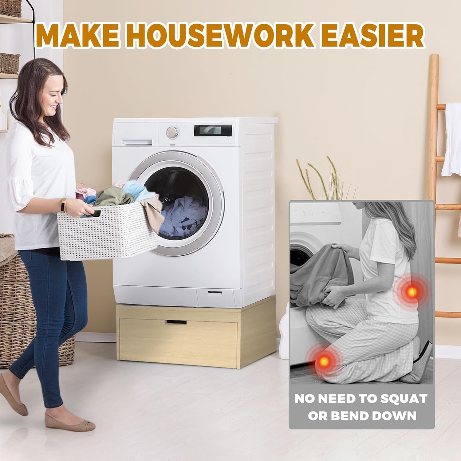 Laundry Pedestal with Storage Drawer, Heavy Duty Washer Dryer Pedestal 27.5" Universal Fit Anti-Vibration Washing Machine Riser, 500 LBS Capacity (Light Oak) image 2