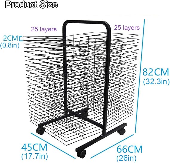 Mobile Art Drying Rack 50 Removable Shelves Metal Steel Double Sided Wire Drying Rack with Wheels for Classroom Painting Crafts Artwork Canvas Storage, 17.7 x 26 x 32.3, Black