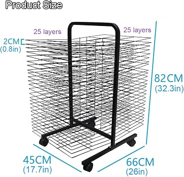 Mobile Art Drying Rack 50 Removable Shelves Metal Steel Double Sided Wire Drying Rack with Wheels for Classroom Painting Crafts Artwork Canvas Storage, 17.7 x 26 x 32.3, Black