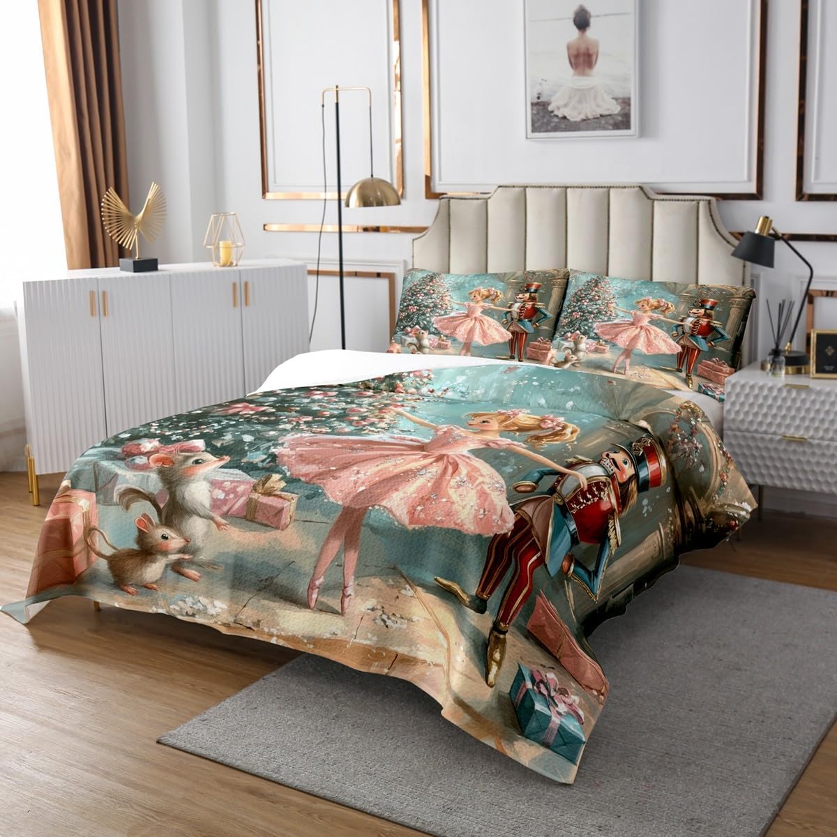 jejeloiu Pink Christmas Bedspread Twin Size Nutcracker Ballerina Coverlet Set Christmas Tree Quilted Coverlet for All Season with 1 Pillowcase Xmas Gift Microfiber Lightweight