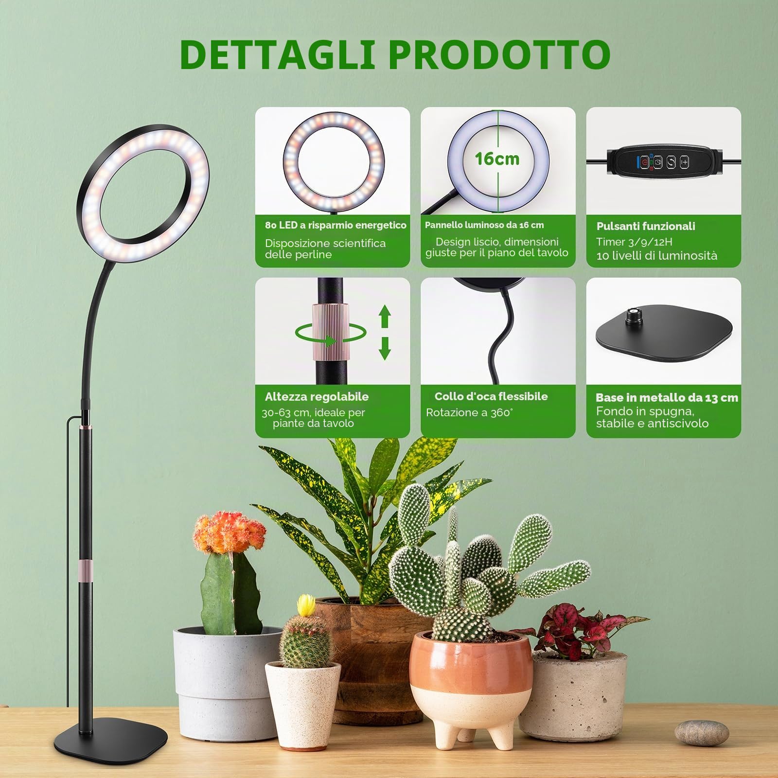 COKOLILA Lampada LED per Piante, Luce per Piante da Interno, Spettro Completo, Timer auto 3/9/12H, Altezza Regolabile 30-63 cm, 3 Modalità, Base Stabile in Metallo, Ideale per Piante da Interno