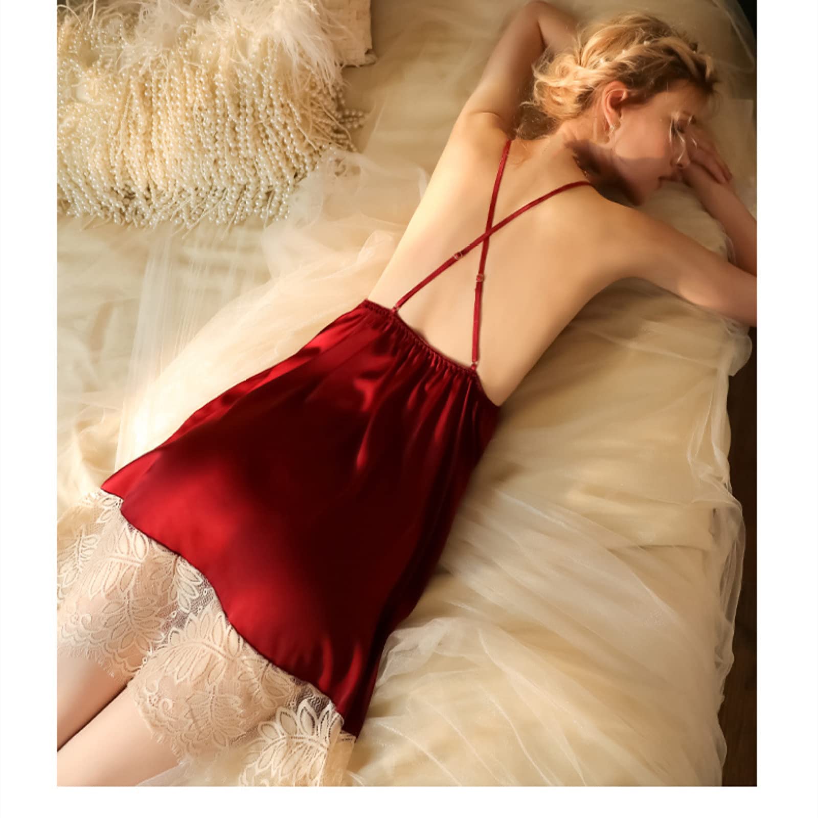 Damskie Koszule nocne V Neck Seksowne paski krzyżowe Koronkowa satynowa koszula z odkrytymi plecami Modne ubrania domowe Lato Bez rękawów nocna Bielizna Piżama Odzież codzienna