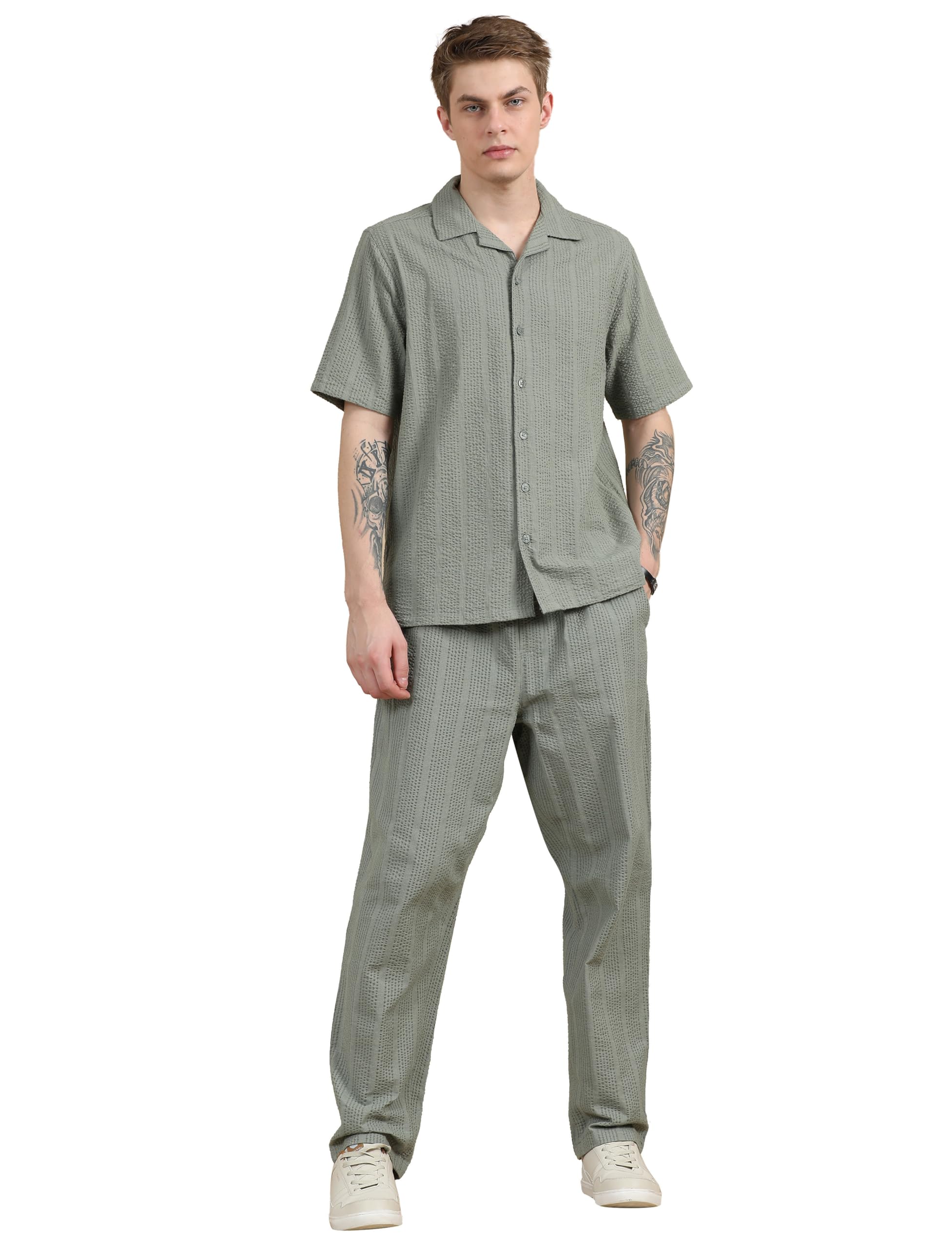 Men's Textured Seersucker Resort Cotton Shirt & Trouser Co-Ord Set S-2XL