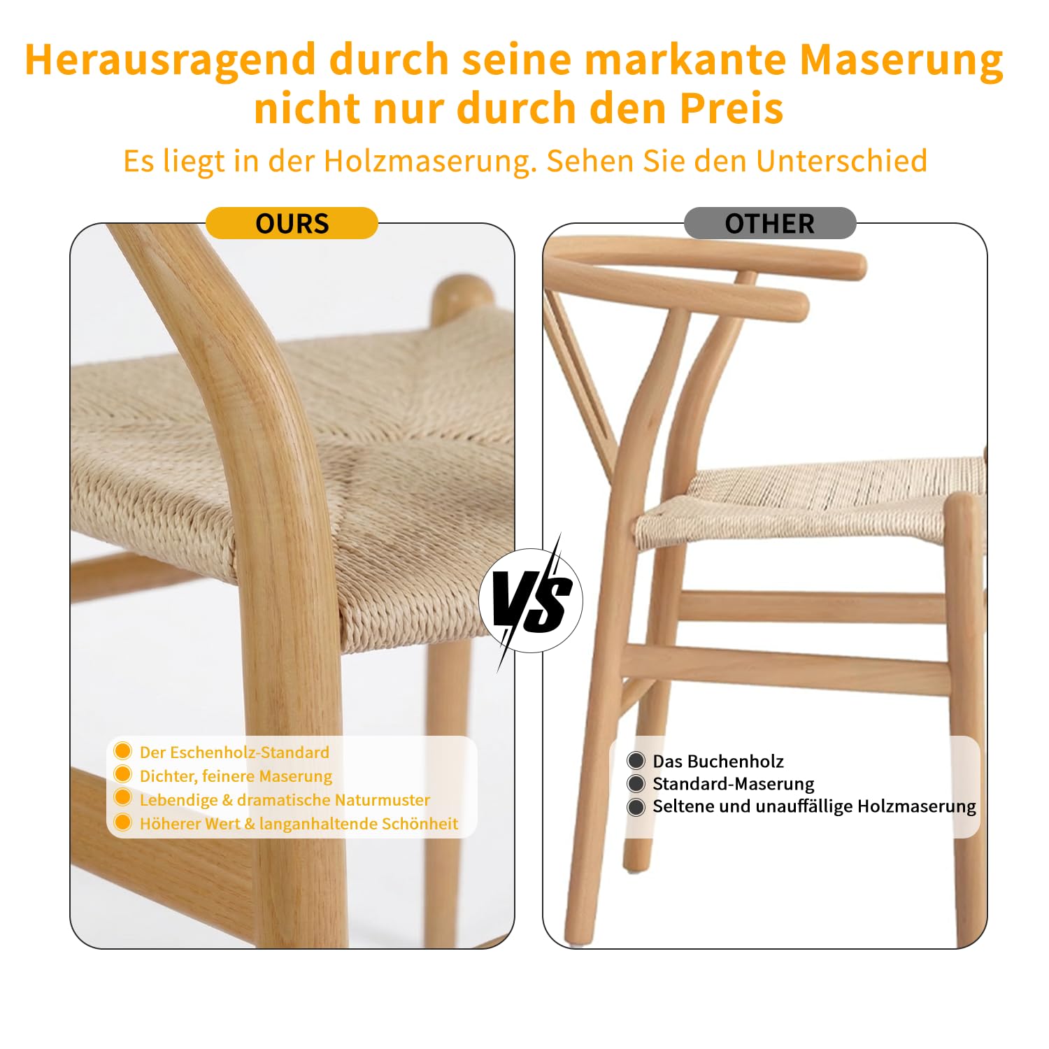 Tomile CH24 Wishbone Stühle Set of 2, Esszimmerstuhl aus Massivholz mit Armlehnen, Hans Wegner MCM Mid-Century Modern Stuhl für Esszimmer & Küche, Natur