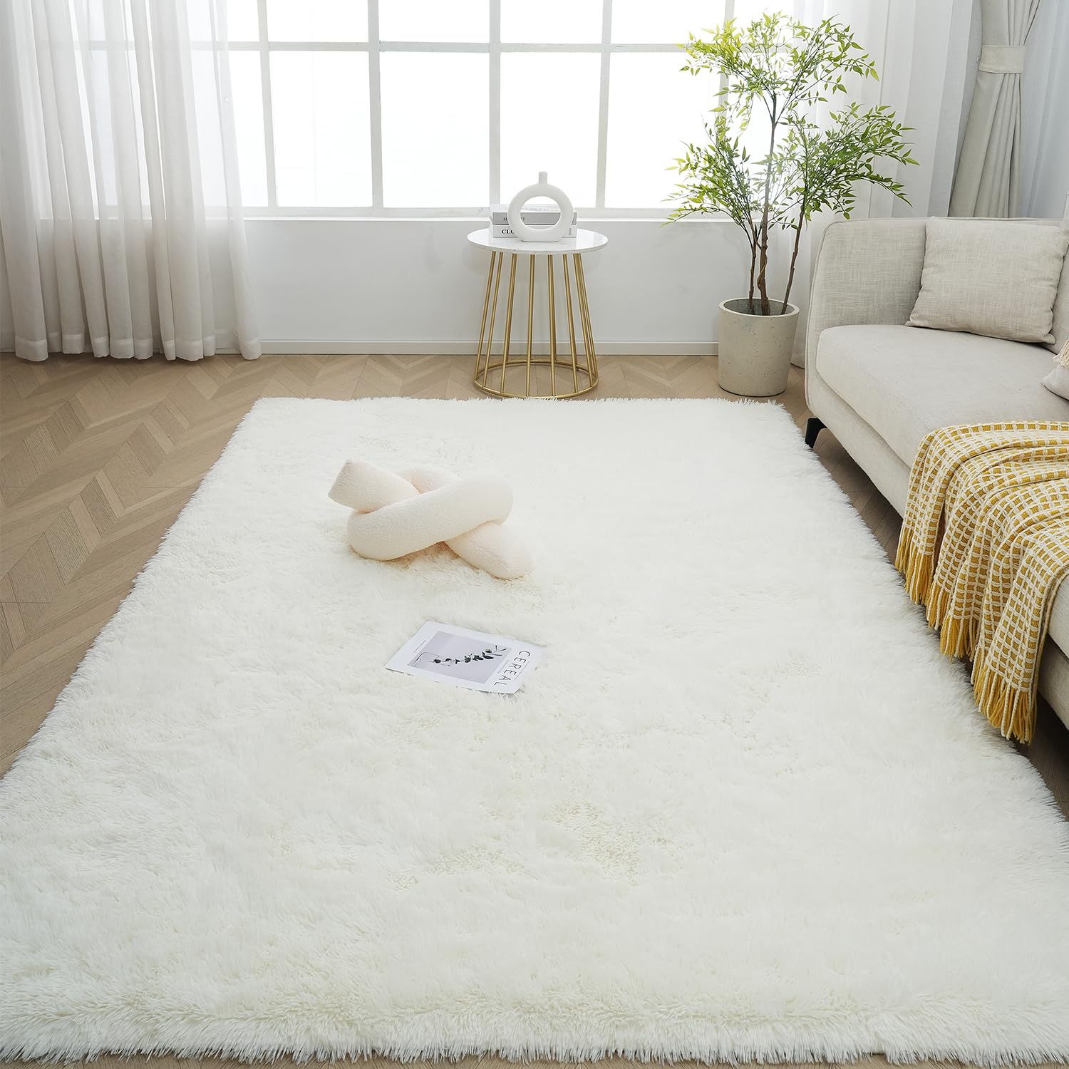 Tapis Salon Chambre Blanc 160 x 230 cm à Poils Longs Tapis de Chambre Descente de lit Moelleux Tapis Doux Poils Longs pour Salon Chambre Canapé