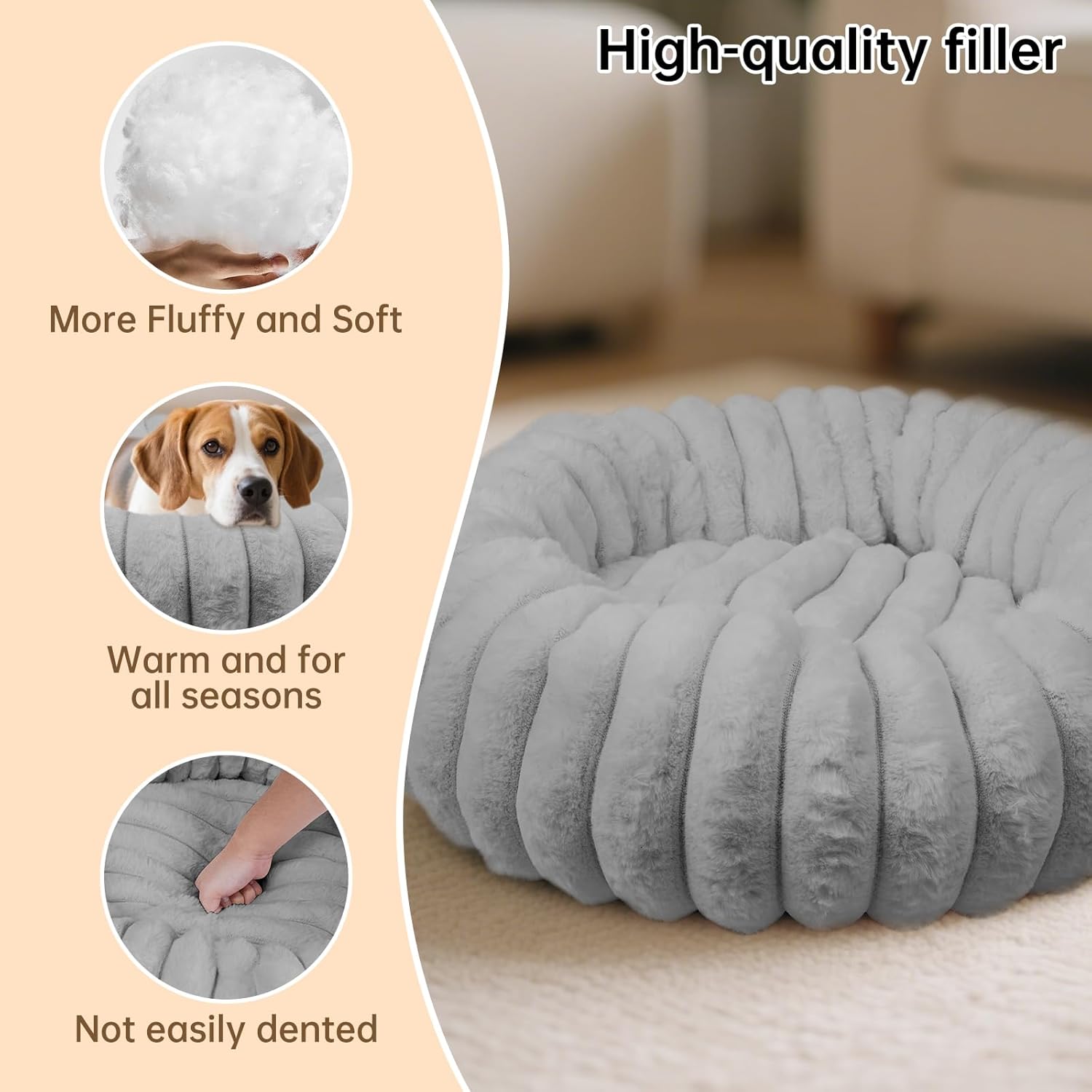 Donut Dog and Cat Bed, Luxurious Comfortable Faux Rabbit Fur Pet Beds, Round Anti-Anxiety Calming Puppy Kitten Bed with Anti-Slip Bottom for Small Medium Dogs & Cats(28", Grey)