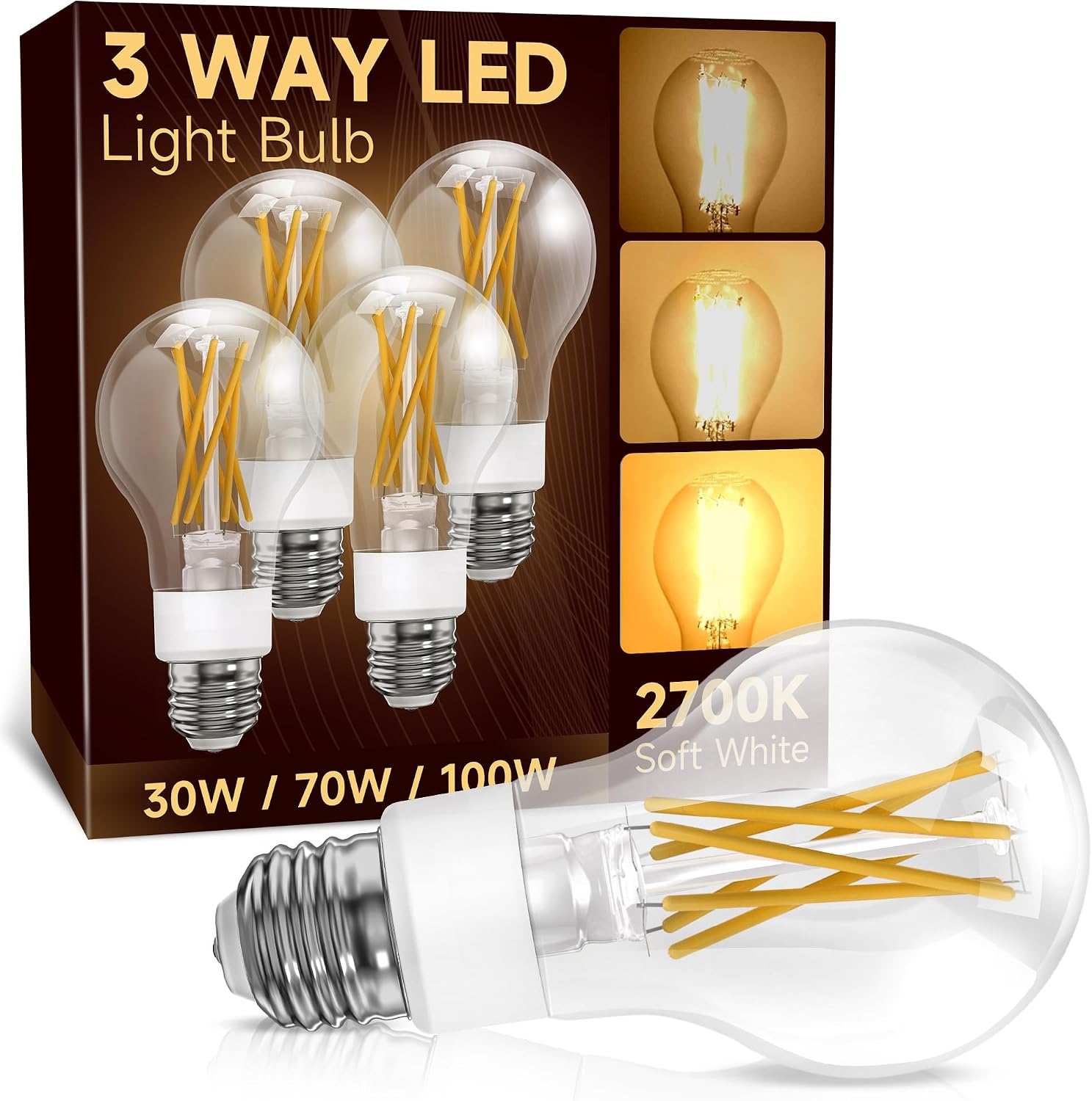 3 Way Light Bulbs, 30/70/100 Equivalent, 2700K Soft White, A19 Vintage Filament Light Bulb for Reading, Living Room, Offices & Bedroom, Three Way LED Light Bulbs, Classic Clear Glass, 2 Pack