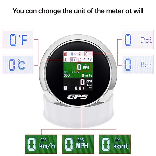 Miniatura 4 de Velocímetro GPS 6 en 1 de 3-38 pulgadas, 3.346 in, tacómetro ajustable multifuncional, voltímetro, nivel de combustible, temperatura del agua,