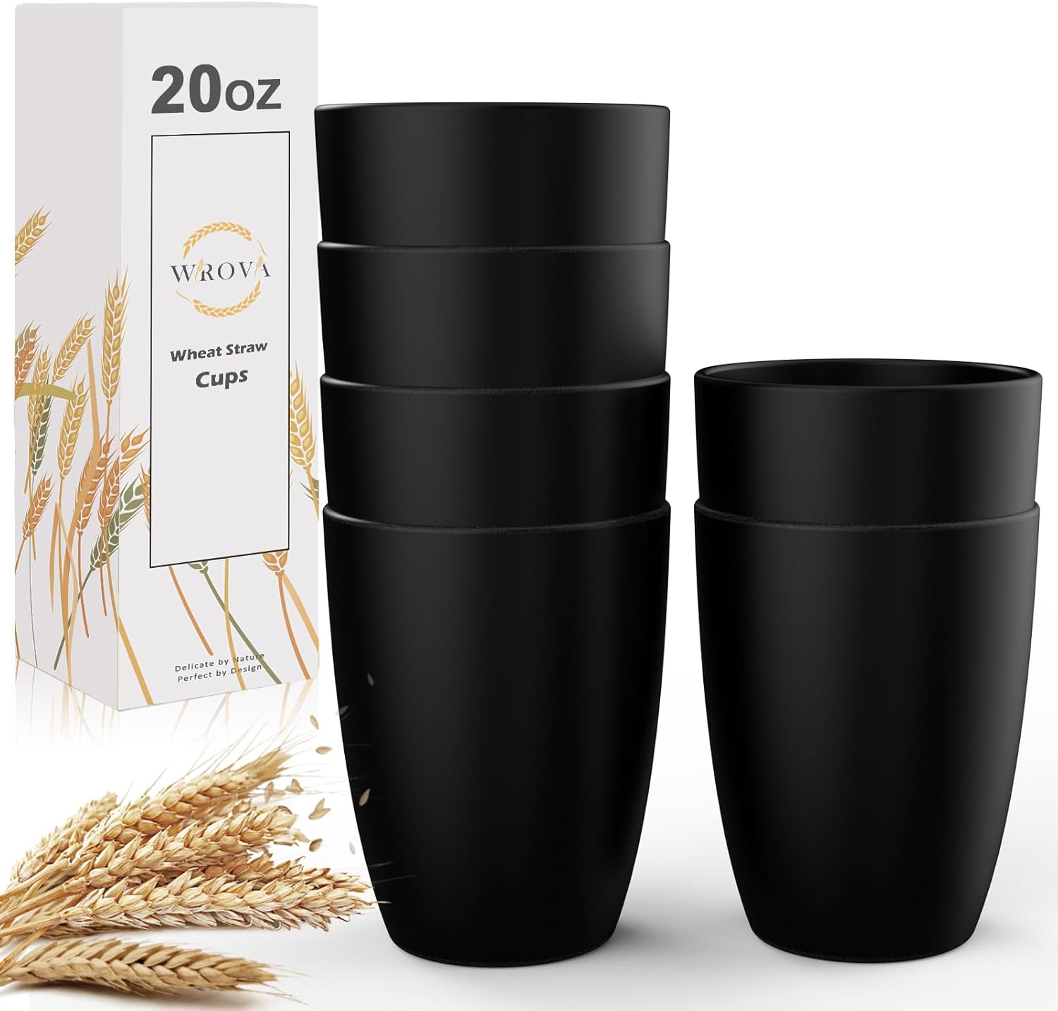 Wrova Wheat Straw Cups 6 PCS Good Alternative to Plastic Reusable Cups 20 oz Unbreakable Drinking Cup Reusable Dishwasher Safe Water Plastic Glasses Black