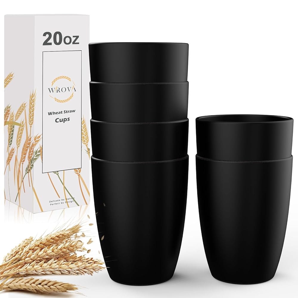 Wrova Wheat Straw Cups 6 PCS Good Alternative to Plastic Reusable Cups 20 oz Unbreakable Drinking Cup Reusable Dishwasher Safe Water Plastic Glasses Black