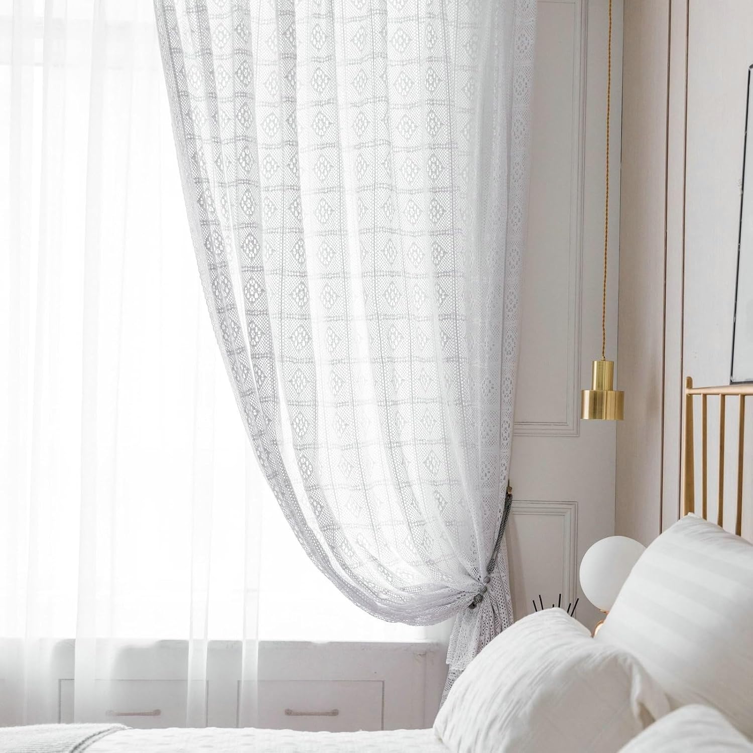 Daesar Sheer Curtains for Living Room 2 Panels Set, Cotton Hook/Rod Pocket Voile Curtains 71" W x 71" H Drapes Solid Color Hollow Rhombus Check Beige White Transparent Curtains for Bedroom