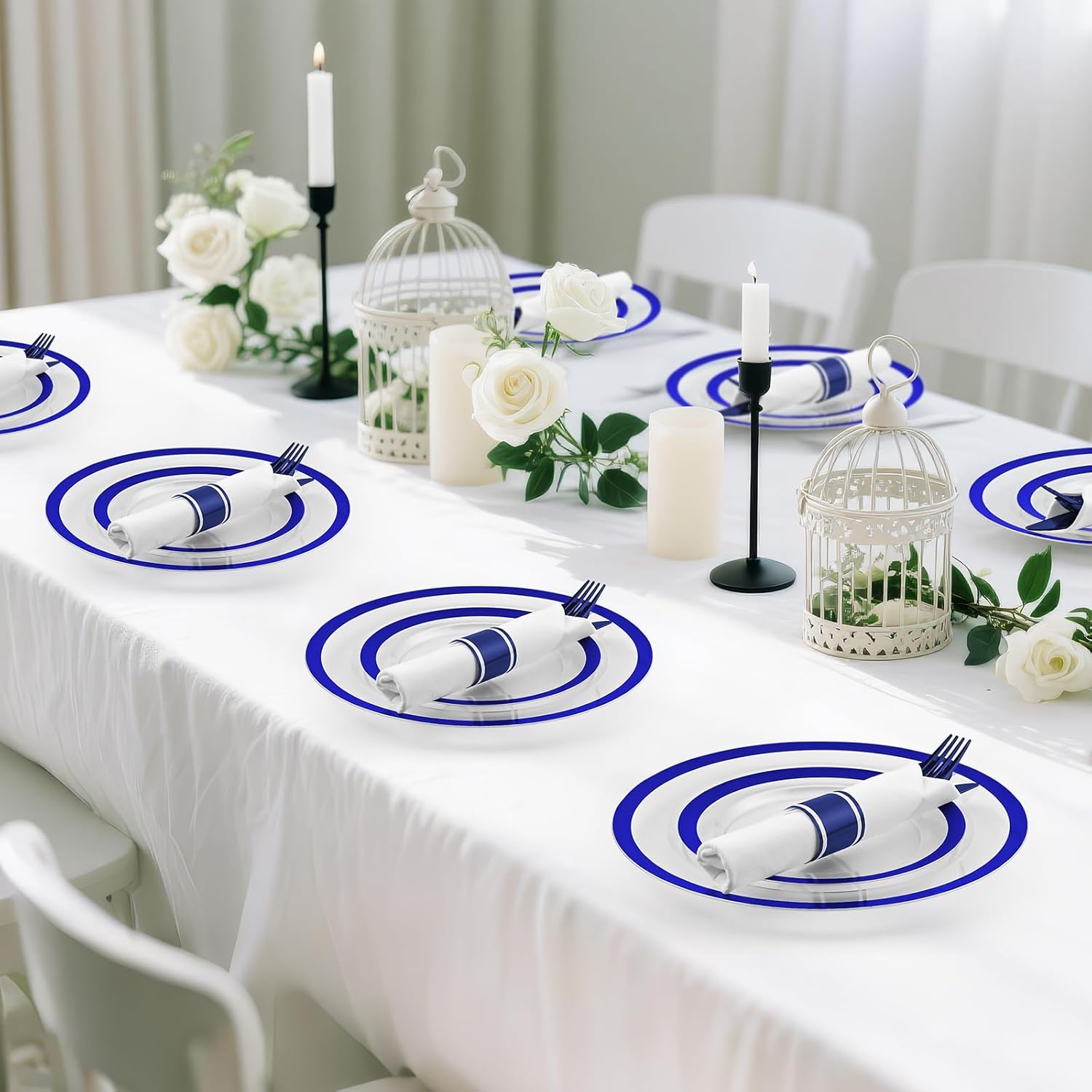 210 Pcs Blue Plastic Dinnerware Set for 30 Guests - Includes 30set of Dinner Plates, Dessert Plates, Clear Plastic Cups, and Blue Pre-Rolled Napkins with Cutlery Set, Disposable Party Supplies - Image 4