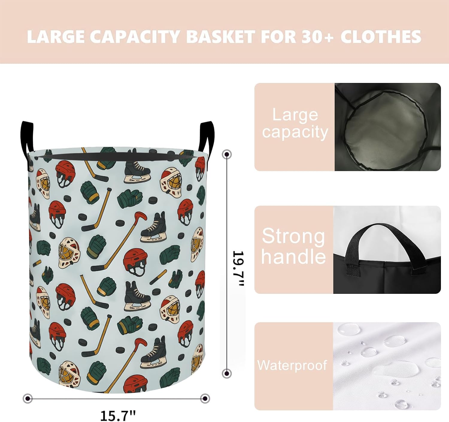 Hockey Sports Laundry Basket Hamper 19.7"x15.7", Organizer Bins Gifts for Kids Boys Girls, Ice Hockey Foldable Wateshrproof Oxford Clothes Storage Bucket for Bedroom Bathroom Decor image 4